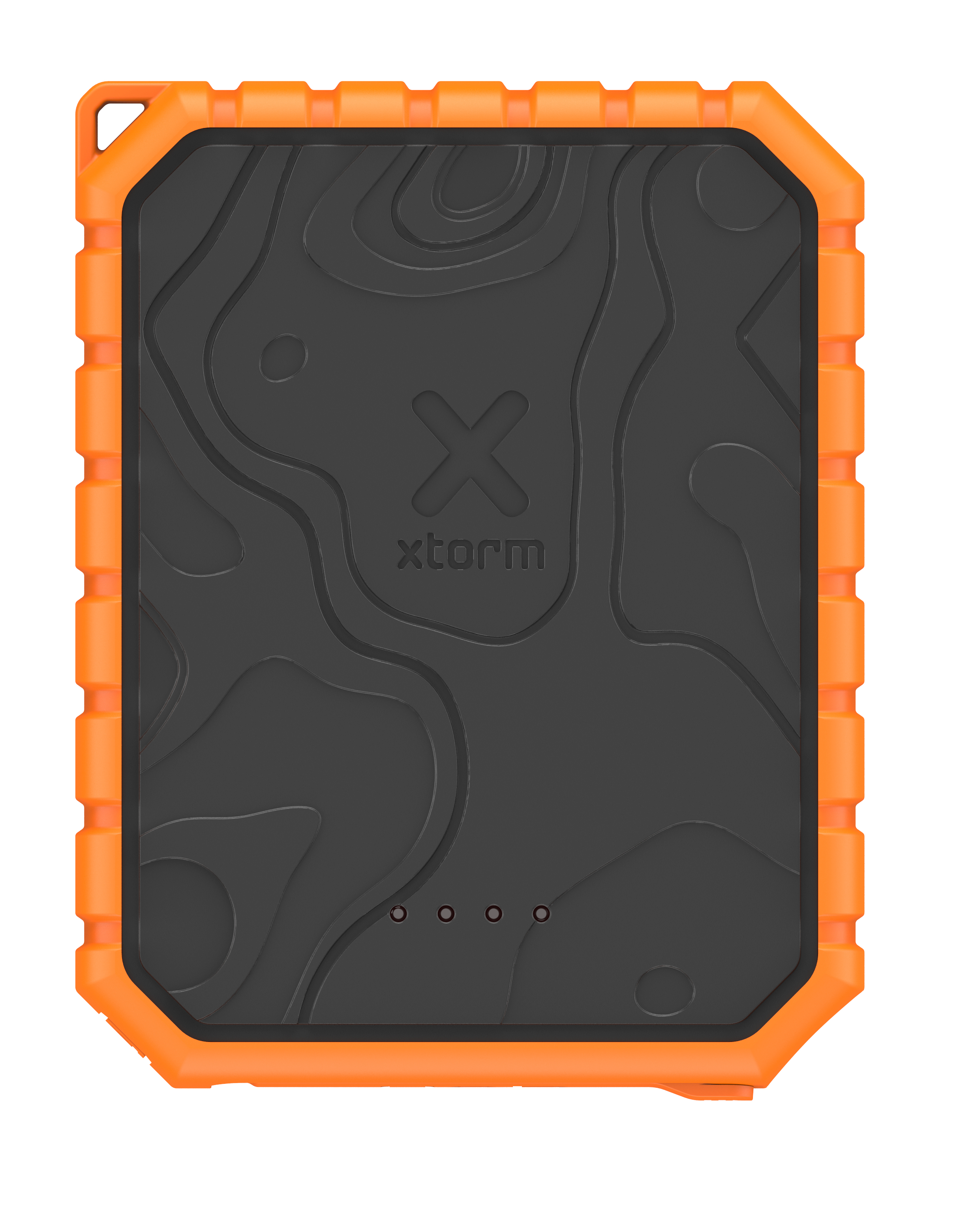Eine rechteckige, schwarz-orangefarbene Powerbank. Sie hat eine strukturierte Oberfläche mit einem X und dem Wort xtorm.