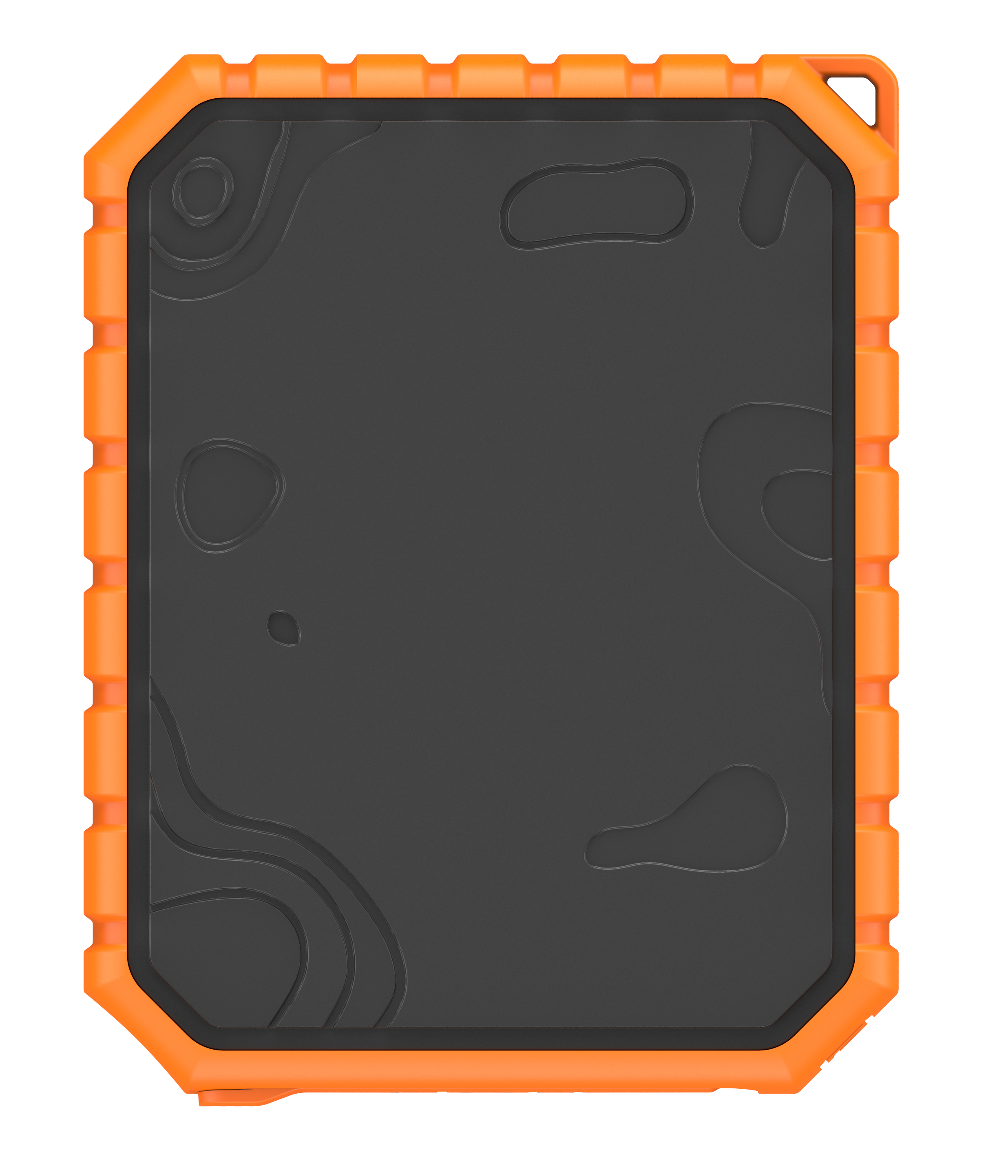 Ein rechteckiges, robustes Gerät mit orangefarbenem Rahmen und schwarzer Oberfläche mit strukturiertem Design.