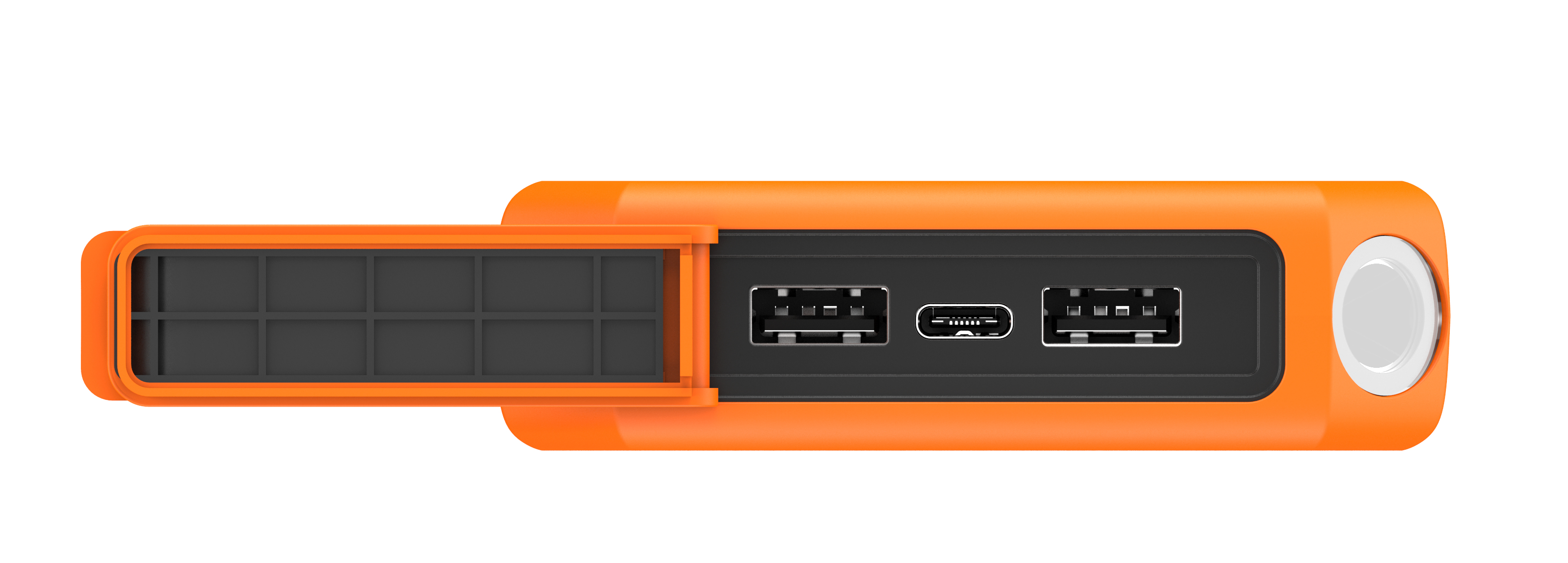 Orange Powerbank mit USB-Anschlüssen und einem Ladeanschluss, einer Taste und einem Fach mit mehreren Abschnitten.