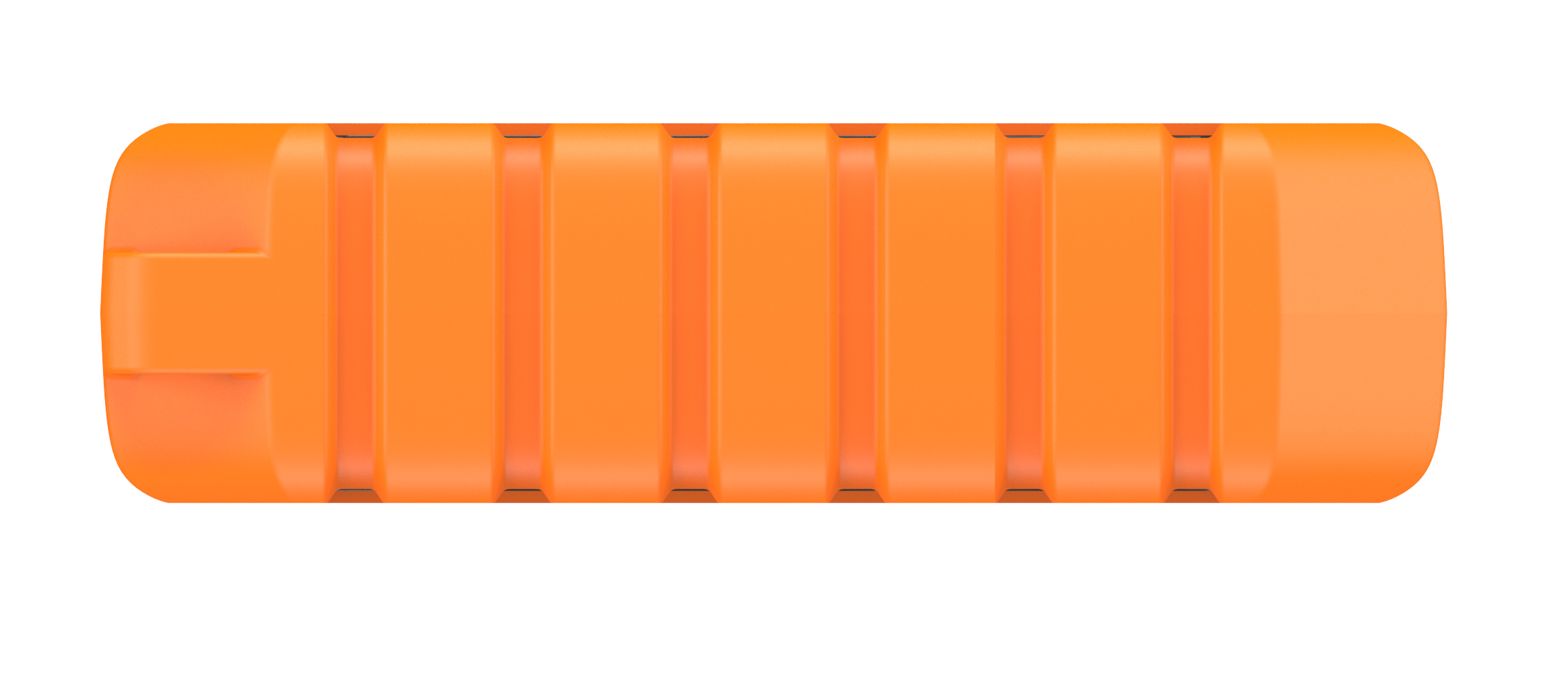 Ein orangefarbenes, rechteckiges Objekt mit vertikalen Rillen. Abgerundete Enden. Weißer Hintergrund.