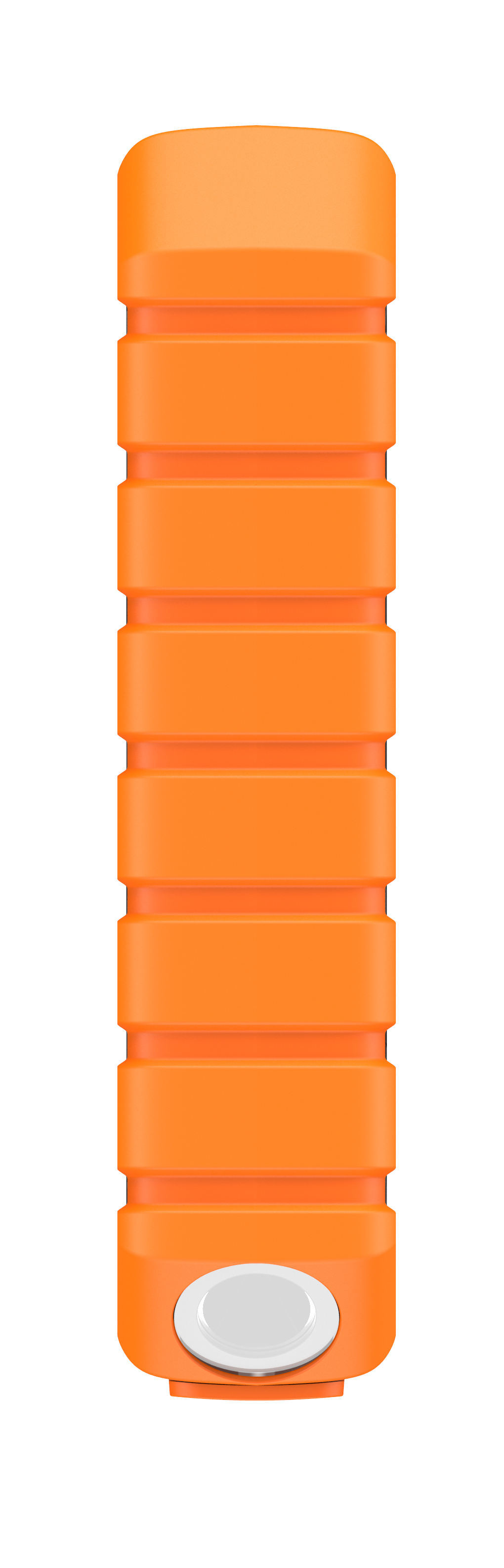 Ein orangefarbenes, zylindrisches Gerät mit einem weißen Knopf an der Unterseite. Es hat eine Reihe horizontaler rechteckiger Abschnitte.