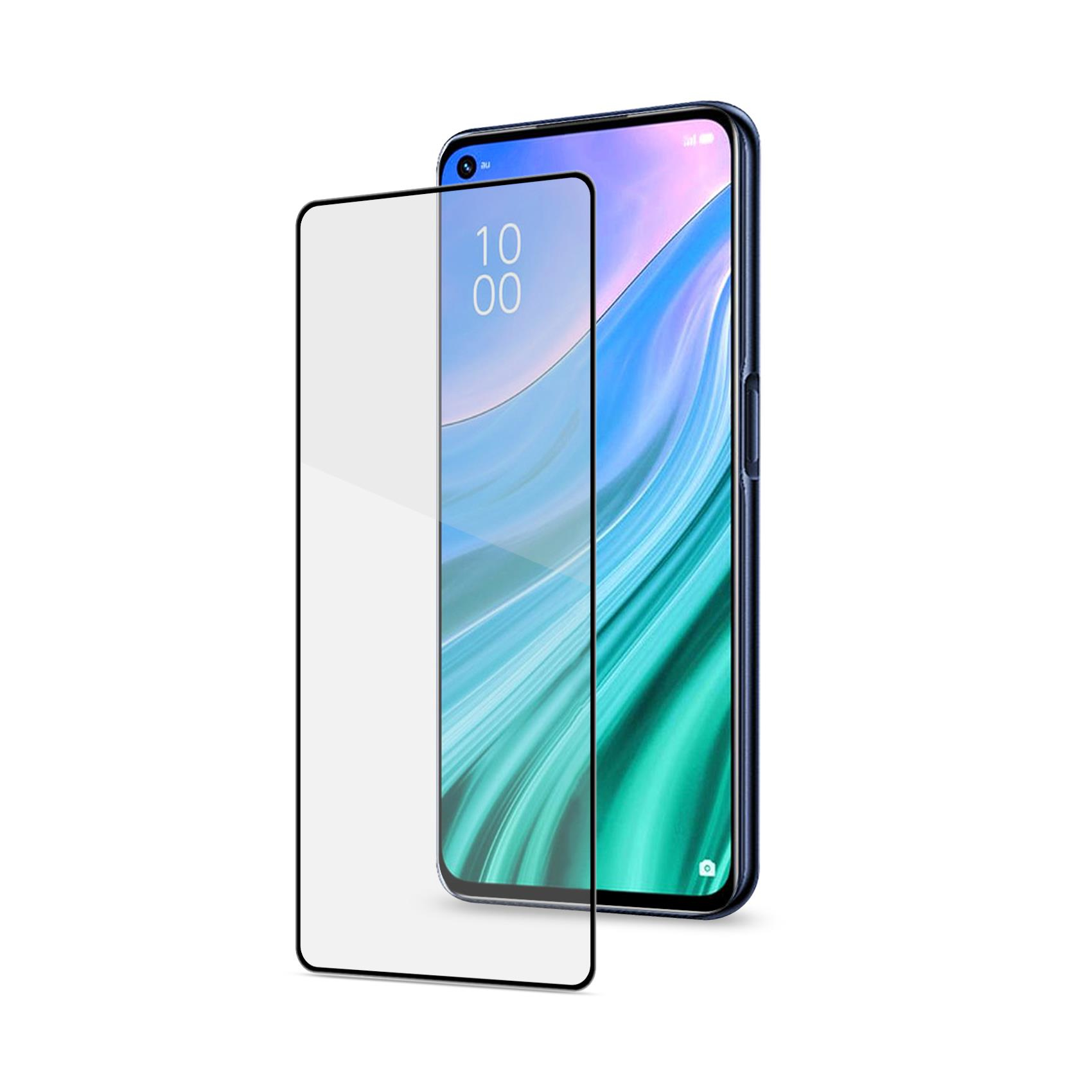 Uno smartphone con protezione schermo. Lo schermo mostra l'ora 10:00. Lo sfondo è bianco.