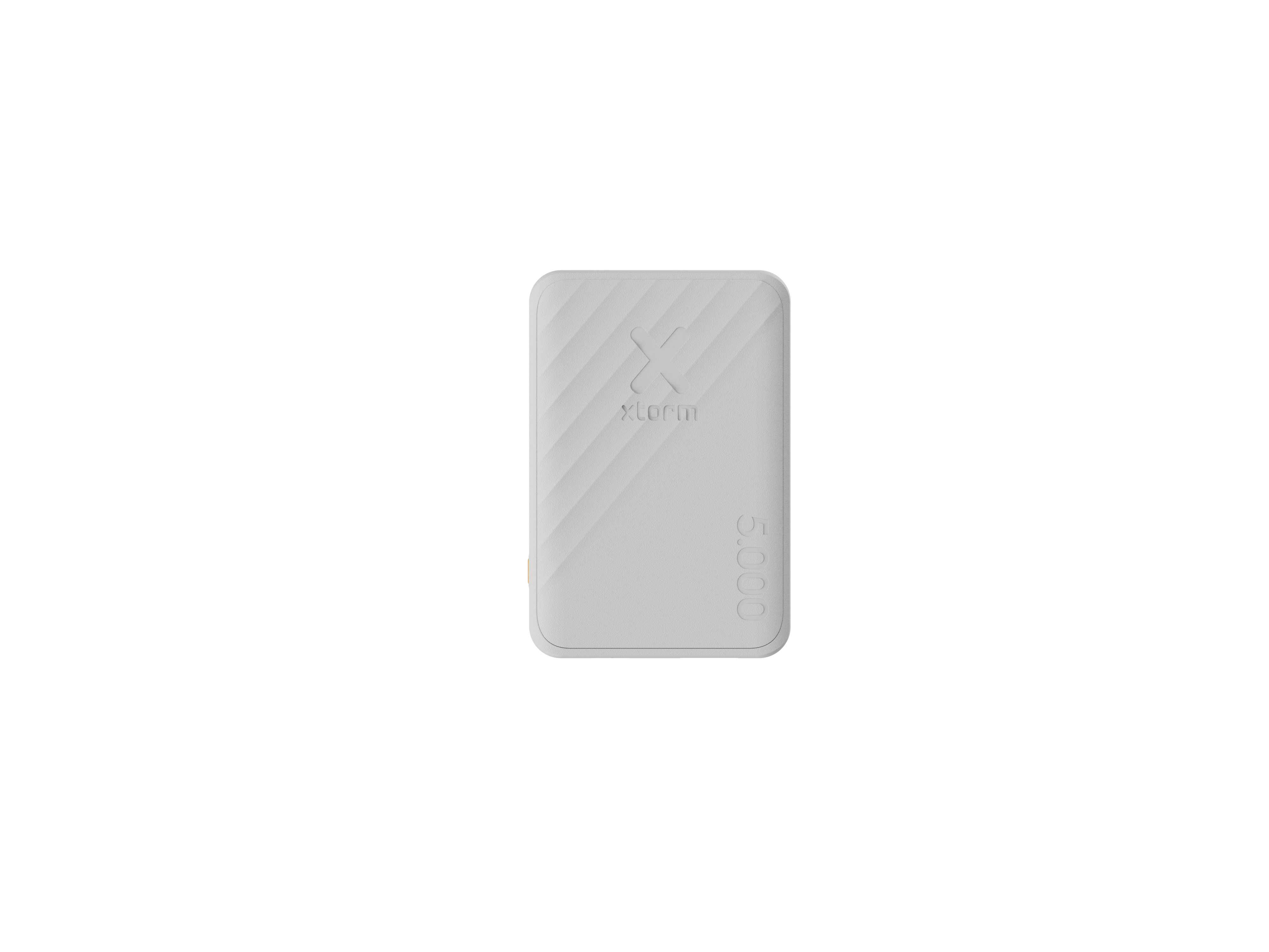 Eine weiße Powerbank mit dem X-Storm-Logo und 5.000 Aufdruck. Der Hintergrund ist weiß.