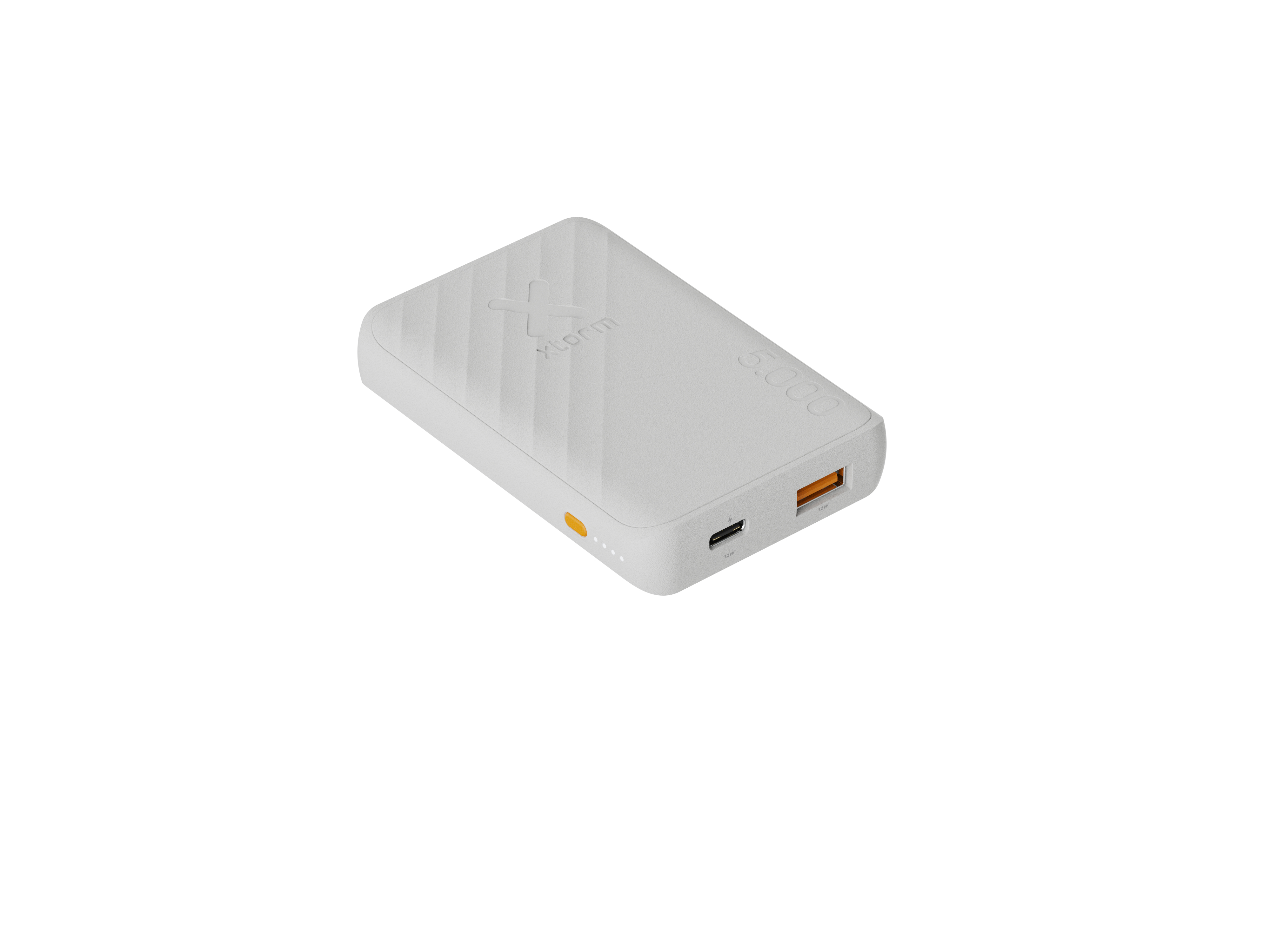 Eine weiße, rechteckige Powerbank mit dem X-Storm-Logo. Sie hat Anschlüsse, einen orangefarbenen und einen schwarzen.