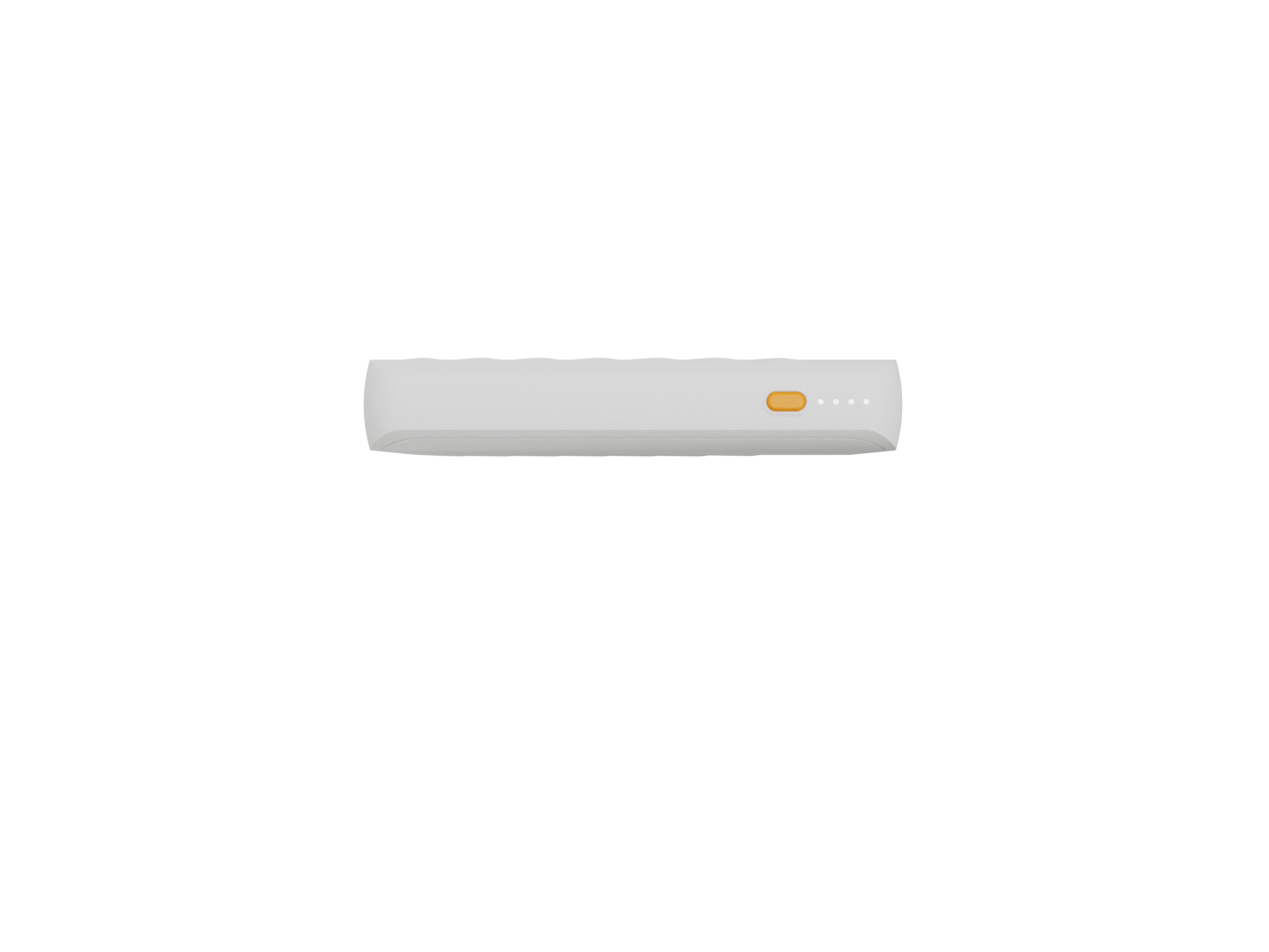 Eine weiße, rechteckige Powerbank. Sie hat eine orangefarbene Taste und vier weiße Kontrollleuchten.