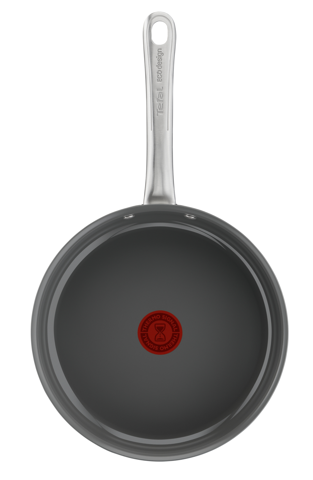 Graue Tefal-Pfanne mit silbernem Griff. Die Pfanne hat in der Mitte eine rote Thermo-Signal-Anzeige.