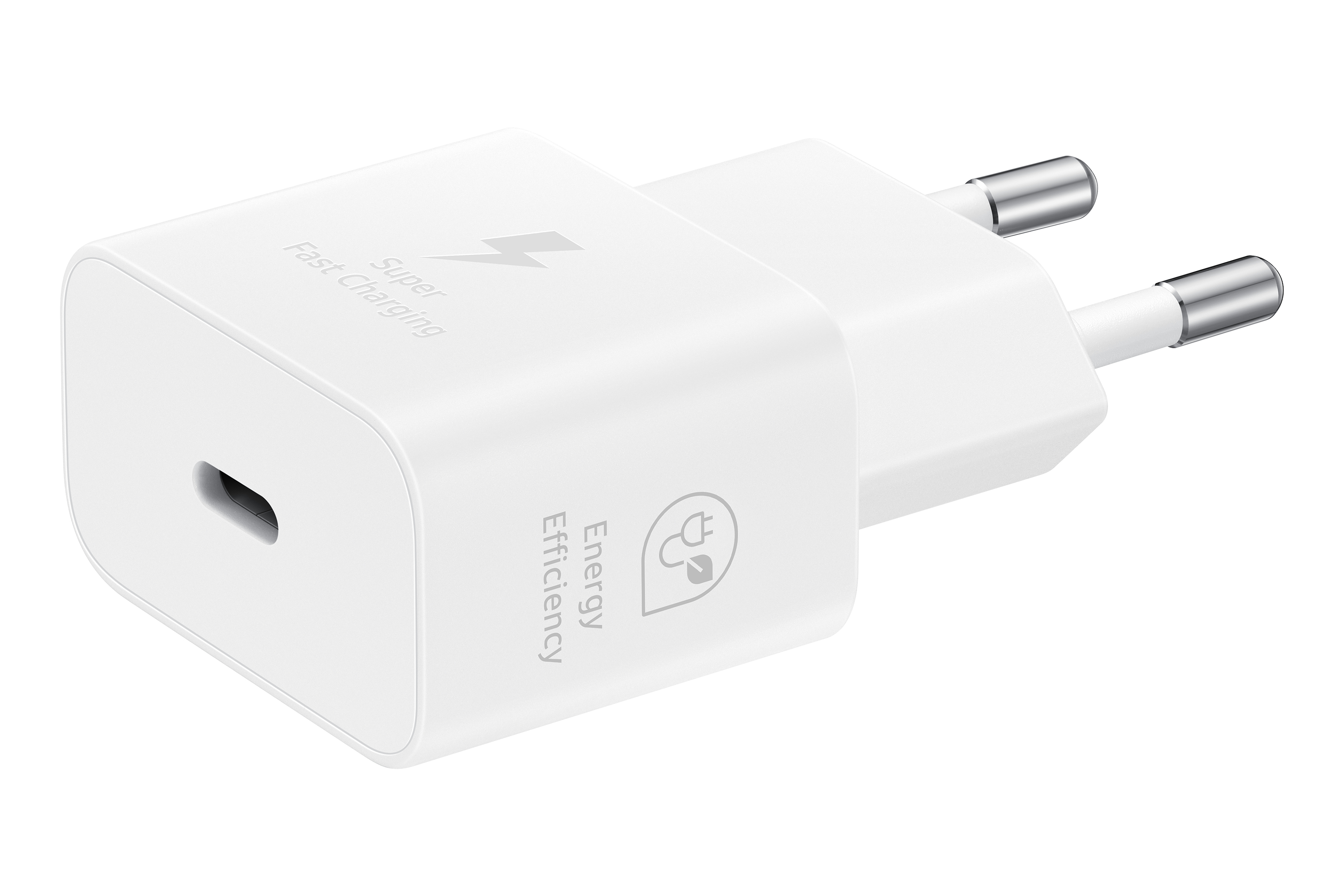 Witte Samsung snellaadadapter met een USB-C-poort en zilveren pinnen.