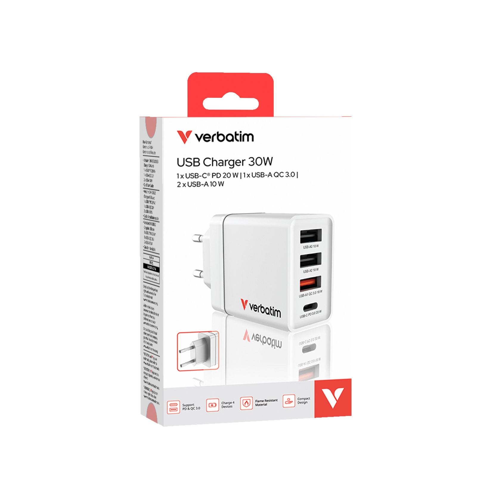 Un cargador USB Verbatim 30W blanco en una caja blanca. Tiene múltiples puertos y detalles rojos. El texto es visible.
