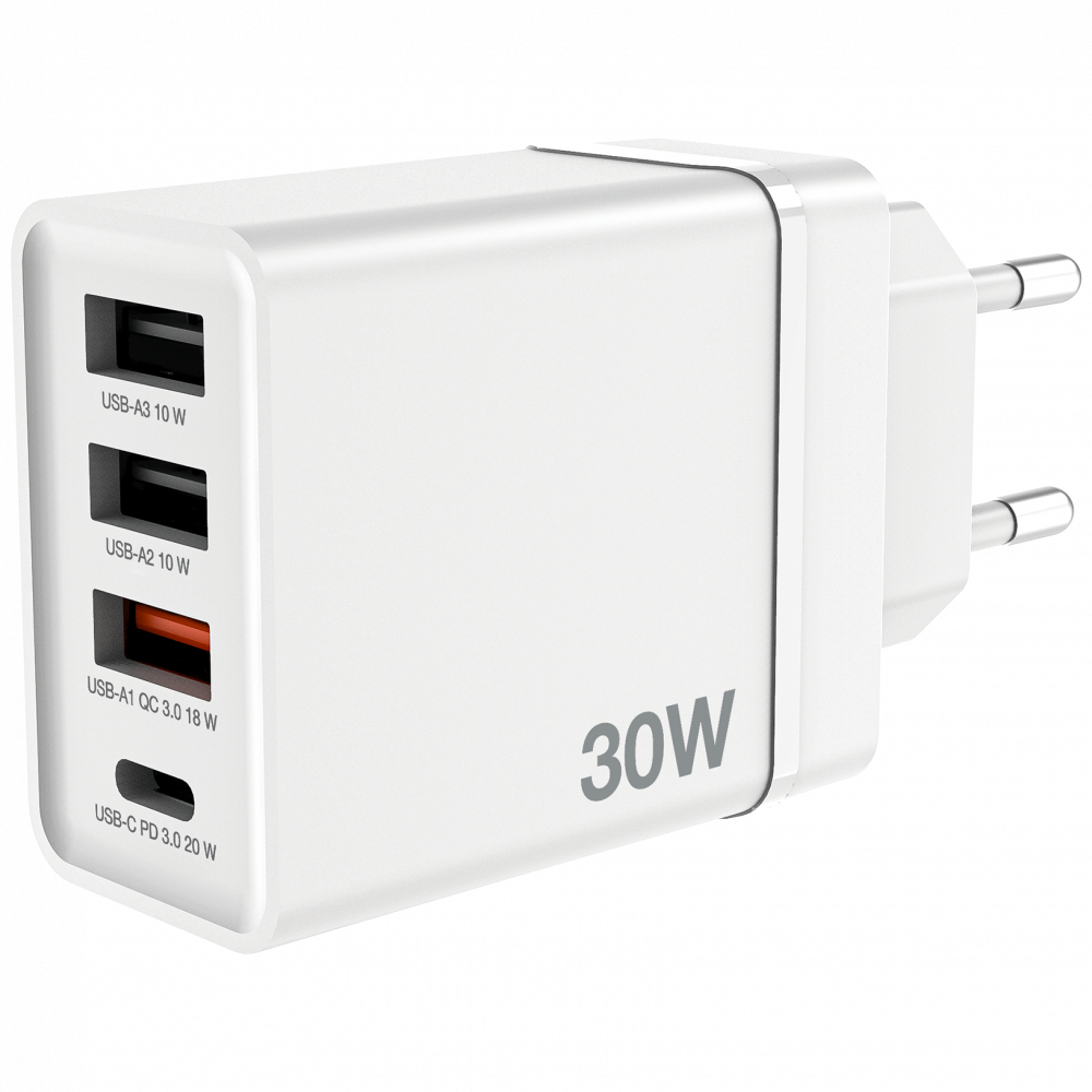 Un cargador USB blanco de 30W con múltiples puertos etiquetados como USB-A y USB-C. Tiene un enchufe en un lado.