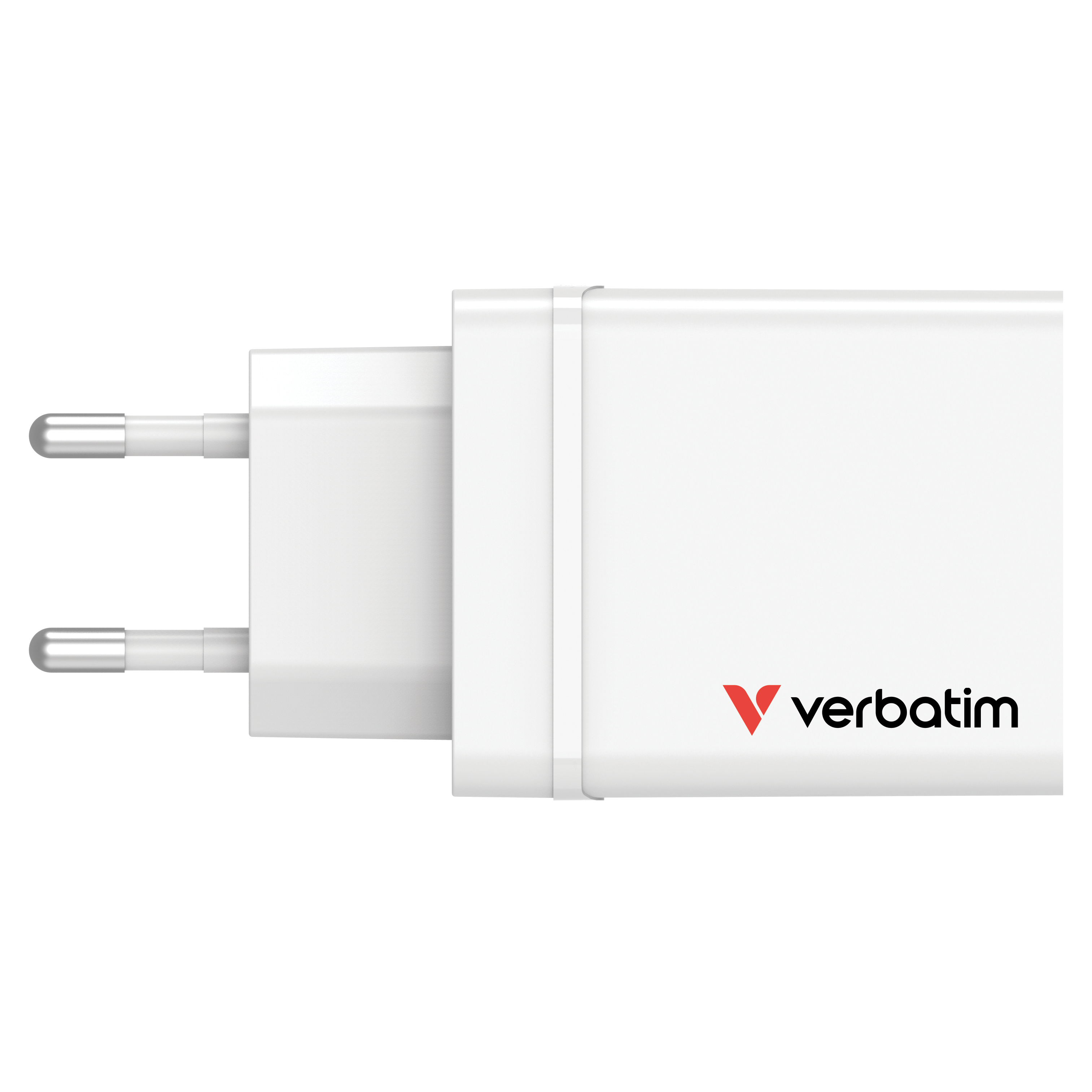 Un adaptador de corriente blanco Verbatim con clavijas plateadas. El logo de Verbatim es rojo y negro.