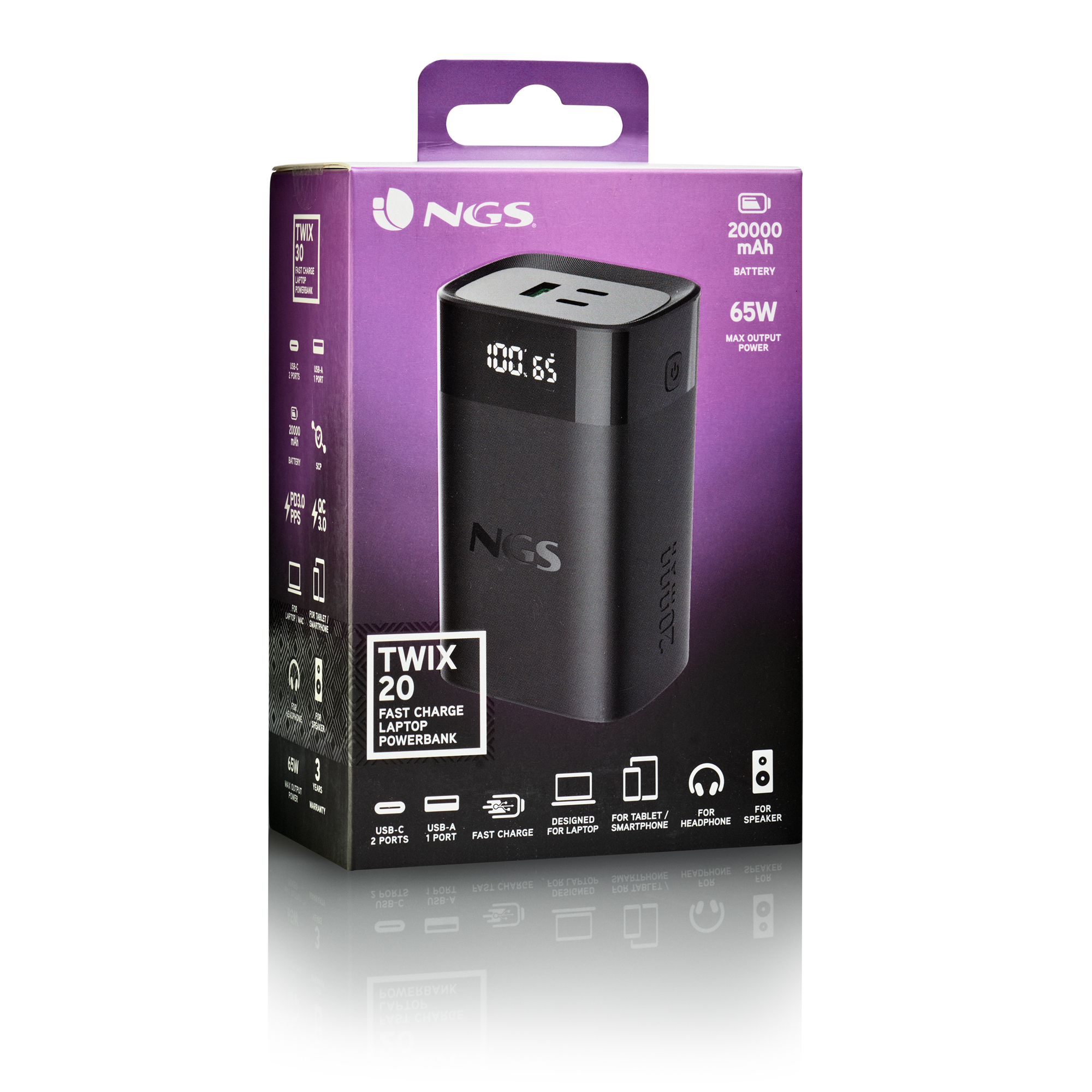 Una caja negra de NGS Twix 20 power bank. Tiene detalles como puertos USB, capacidad de la batería y capacidades de carga rápida.