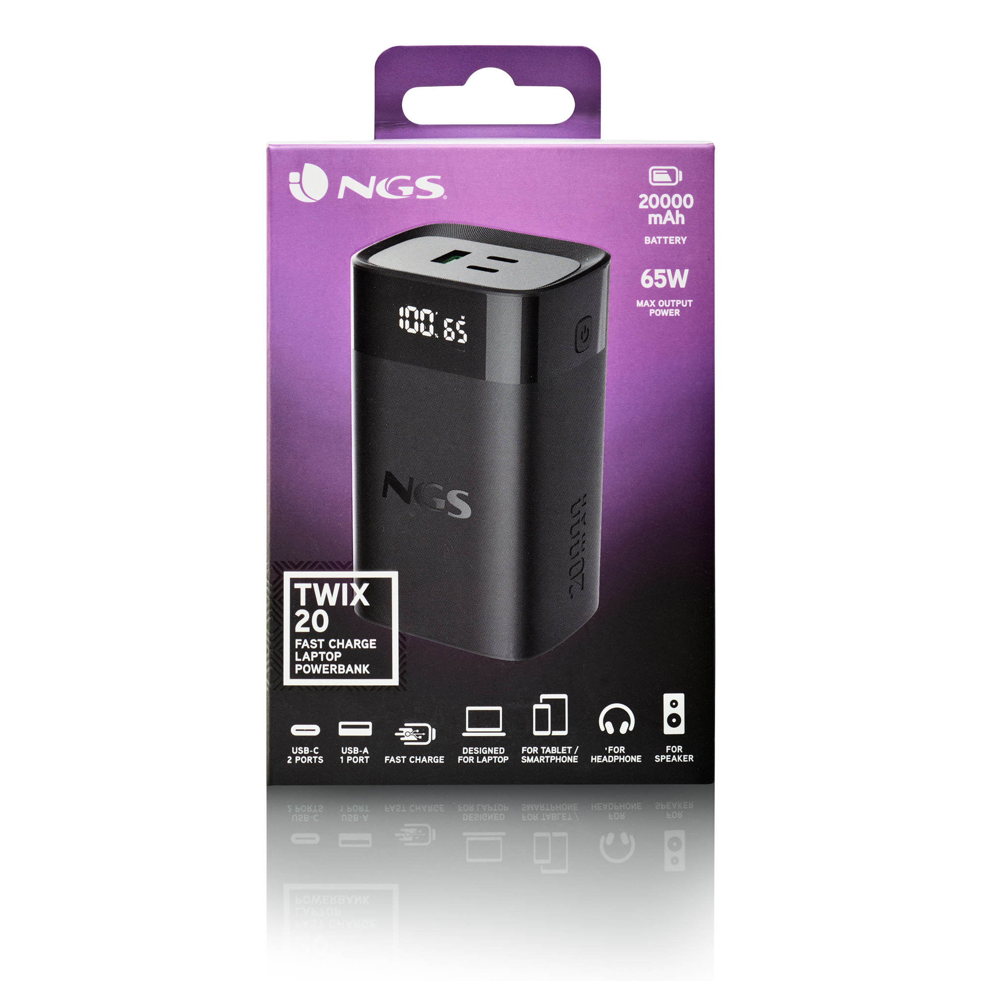 Una caja negra de banco de energía NGS Twix 20. Muestra una pantalla digital, capacidad de batería e información de salida.