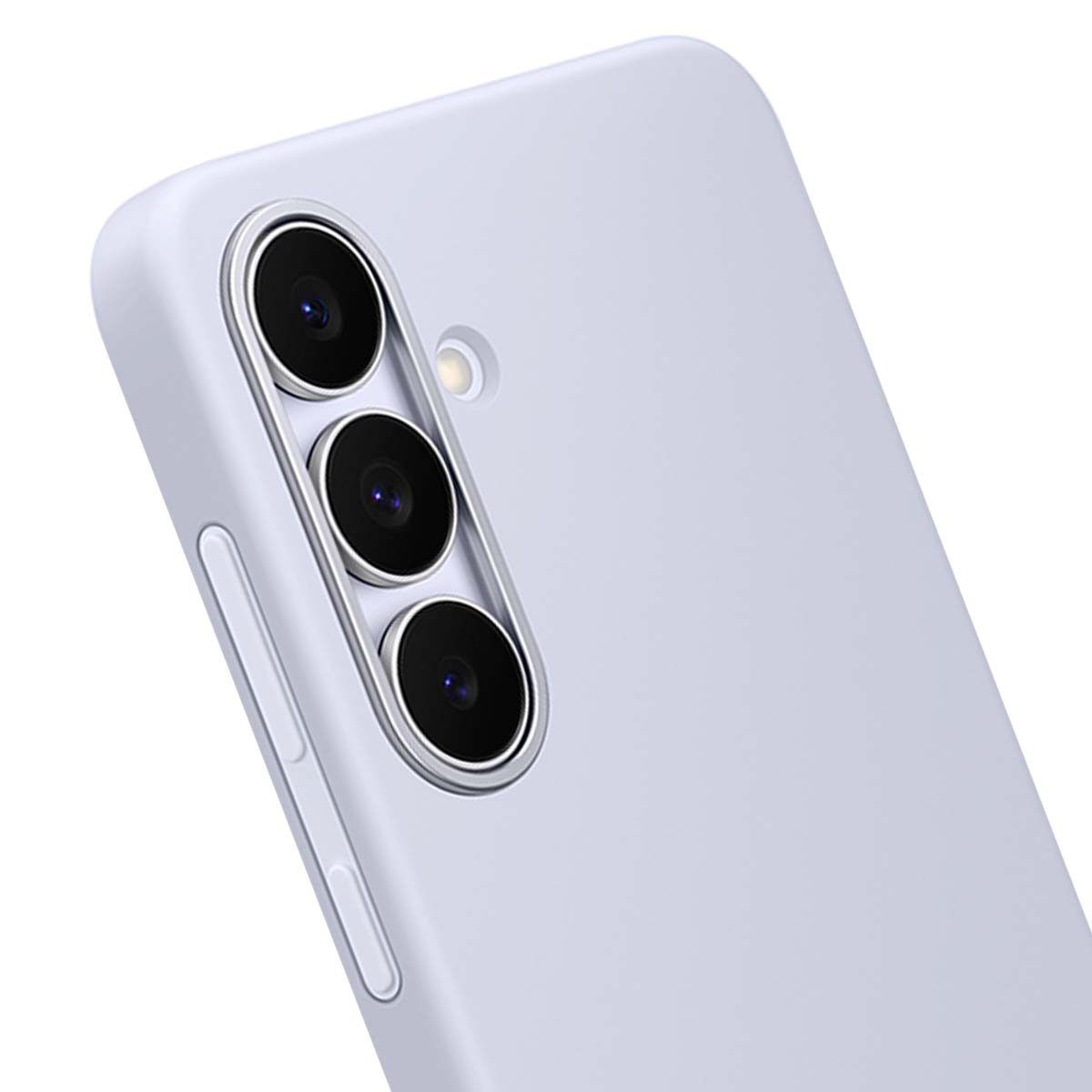 Zbliżenie jasnofioletowego etui na telefon z trzema obiektywami aparatu. Przyciski głośności znajdują się po lewej stronie. Obudowa jest pod kątem.