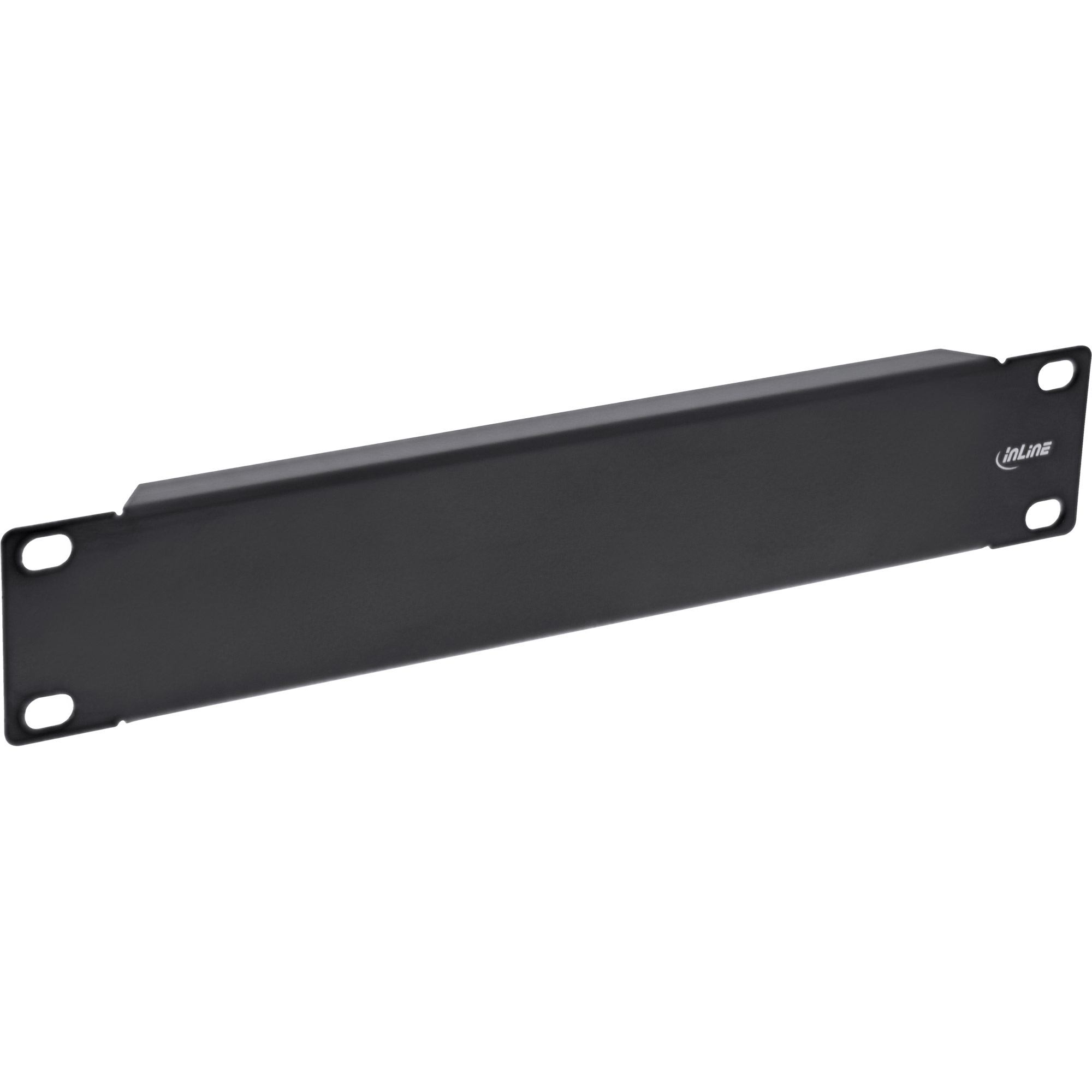 Eine schwarze Metall-Rackblende mit vier Befestigungslöchern und dem 'Inline'-Logo.