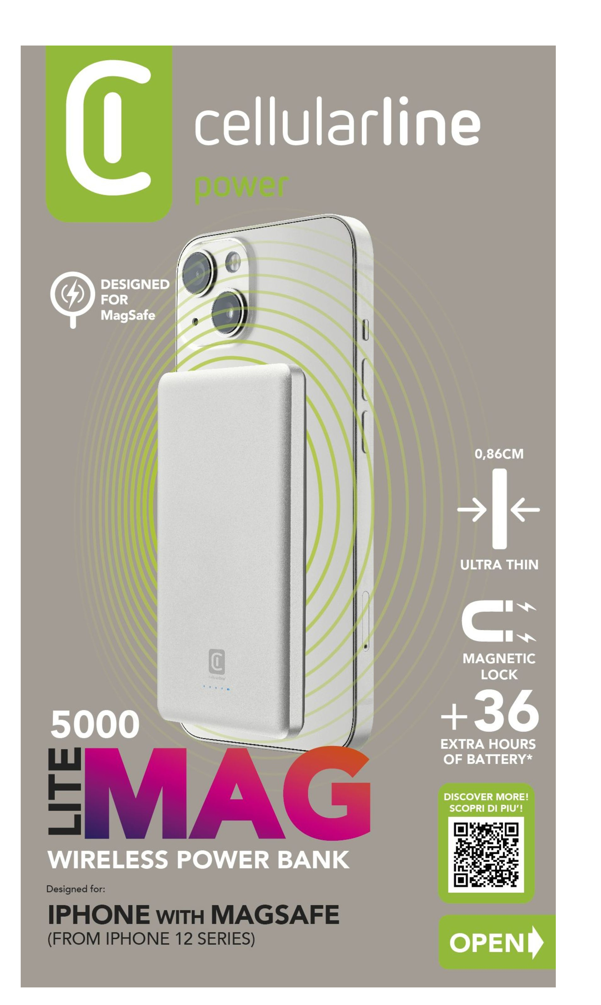 Un banco de energía blanco adjunto a un iPhone blanco. Tiene un logotipo verde y blanco. Texto: Wireless Power Bank, Designed for iPhone.