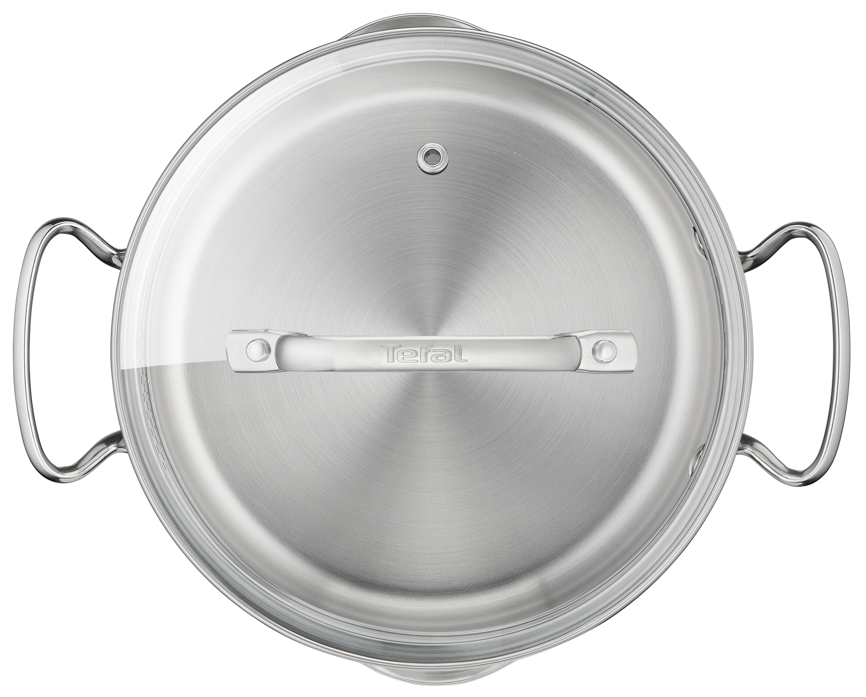 Una olla de acero inoxidable con tapa de cristal. La olla tiene dos asas y una en la tapa. La marca es Tefal.