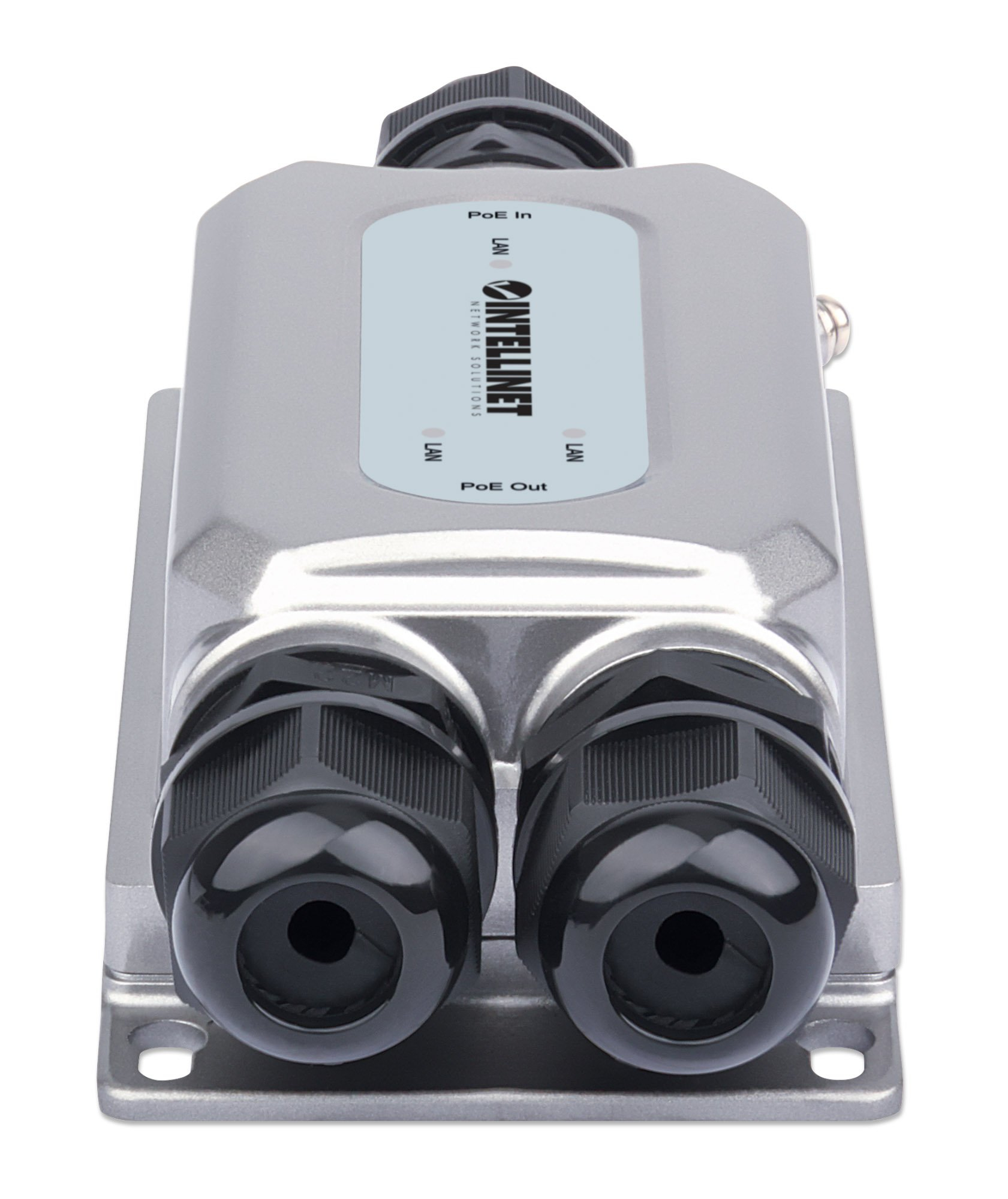 Srebrne urządzenie Intelineet PoE z czarnymi złączami. Posiada etykiety LAN i PoE.