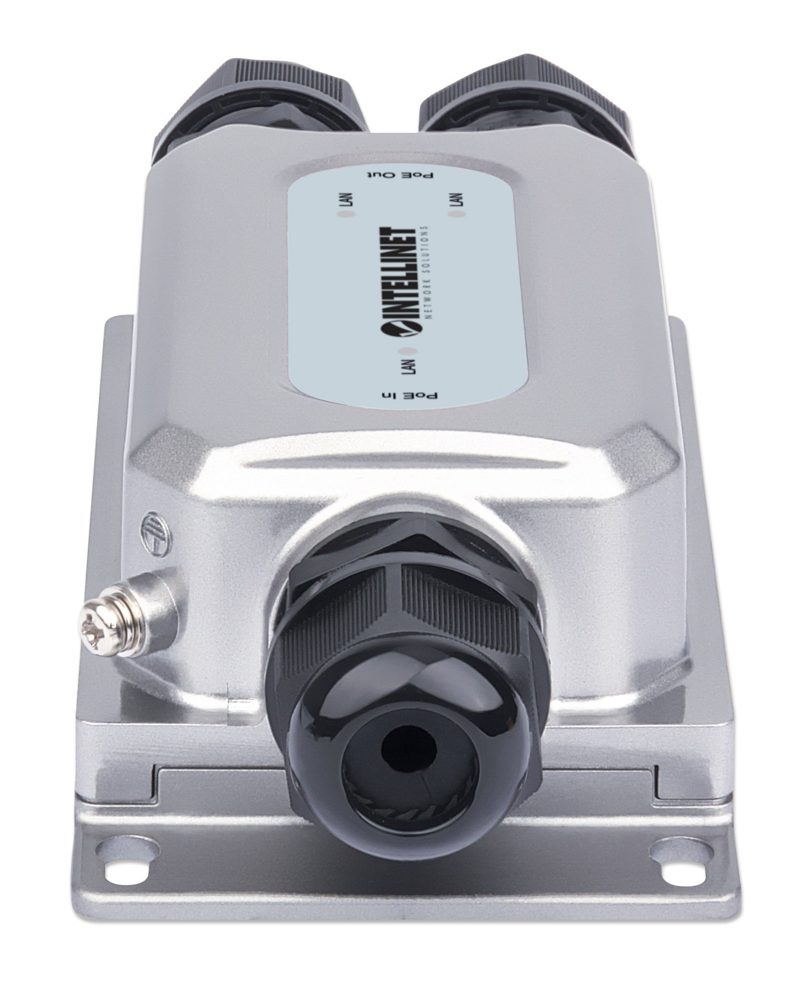 Srebrne urządzenie sieciowe Intellinet z czarnymi złączami. Etykiety: LAN, POE OUT, POE IN.