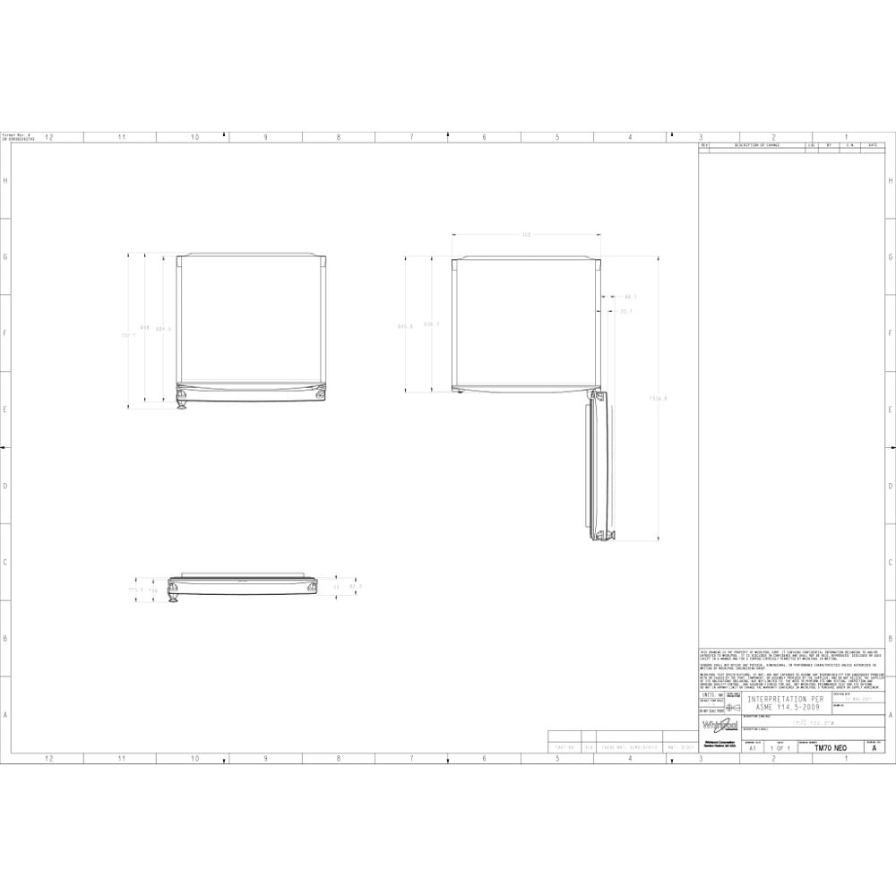 Disegno tecnico con tre viste di un apparecchio, comprese le dimensioni. Diagramma dettagliato con annotazioni e misure.