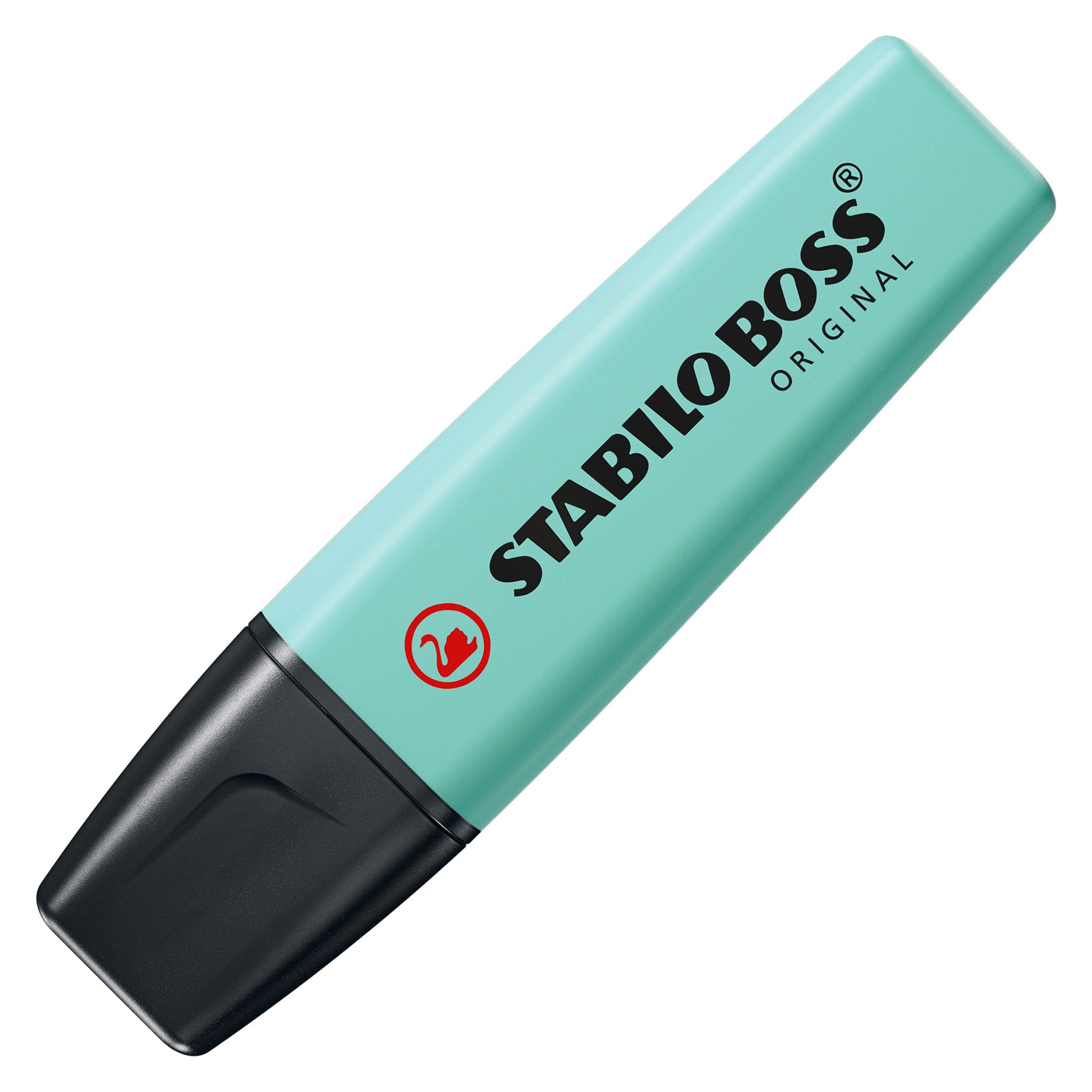 Ein Stabilo Boss Textmarker, hellgrüner Körper mit schwarzer Spitze. Der Markenname steht auf dem Körper.