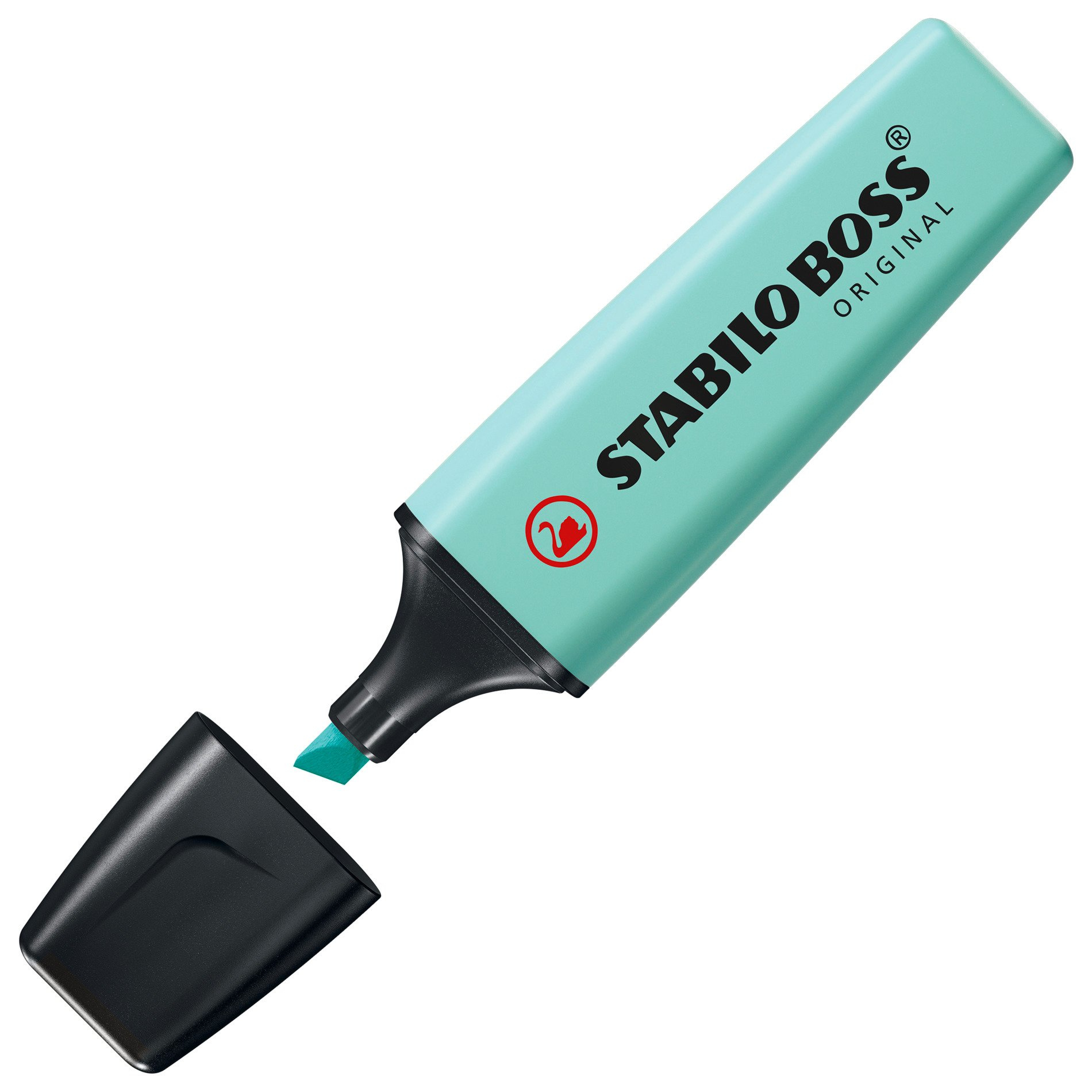 Ein türkisfarbener Stabilo Boss Textmarker mit offenem schwarzem Deckel. Die Spitze ist türkis. Der Körper trägt den Markennamen.