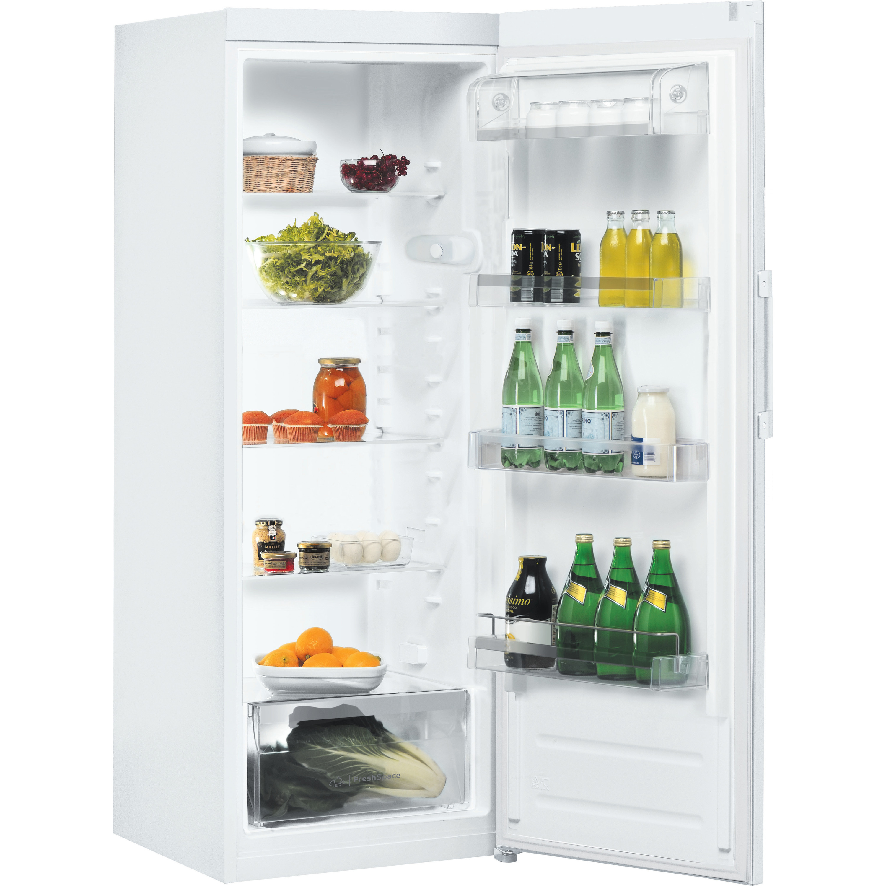 Refrigerador abierto lleno de comida: lechuga, fruta, bebidas, frascos. Interior blanco. Puerta abierta.