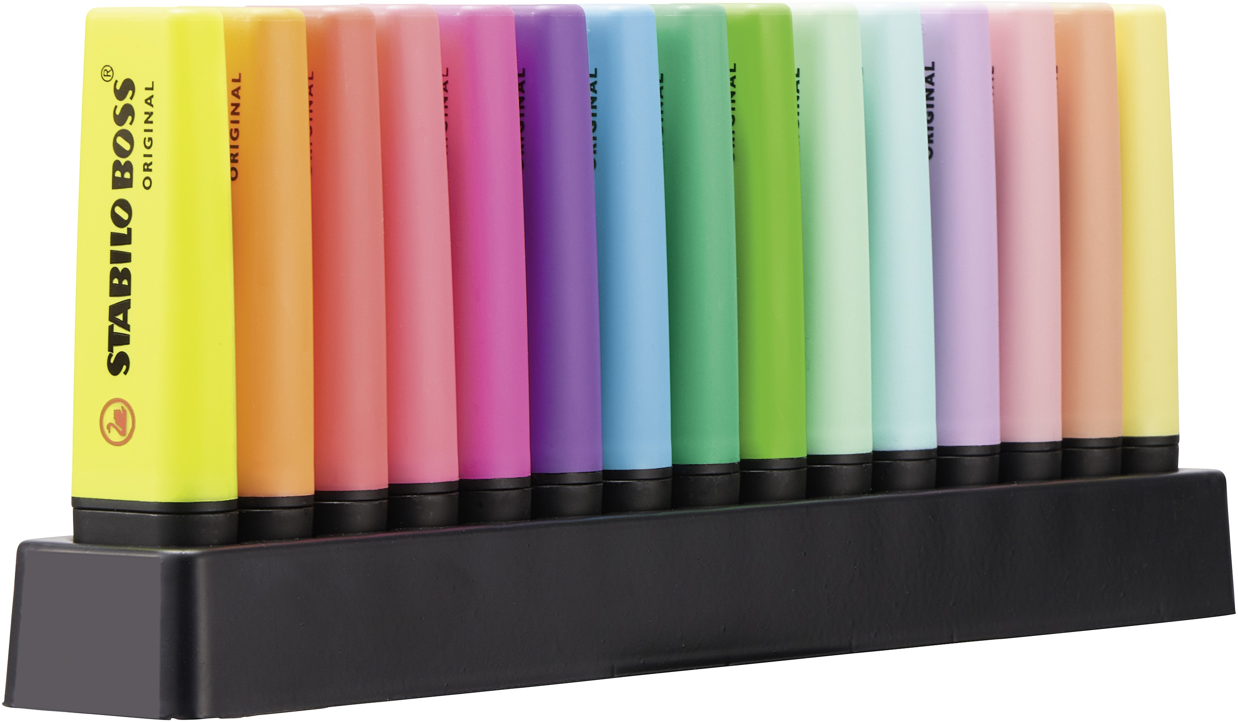 Eine Reihe mehrfarbiger Textmarker in einem schwarzen Halter. Die Textmarker sind in verschiedenen Farben wie Gelb, Orange, Rosa, Lila und Grün.