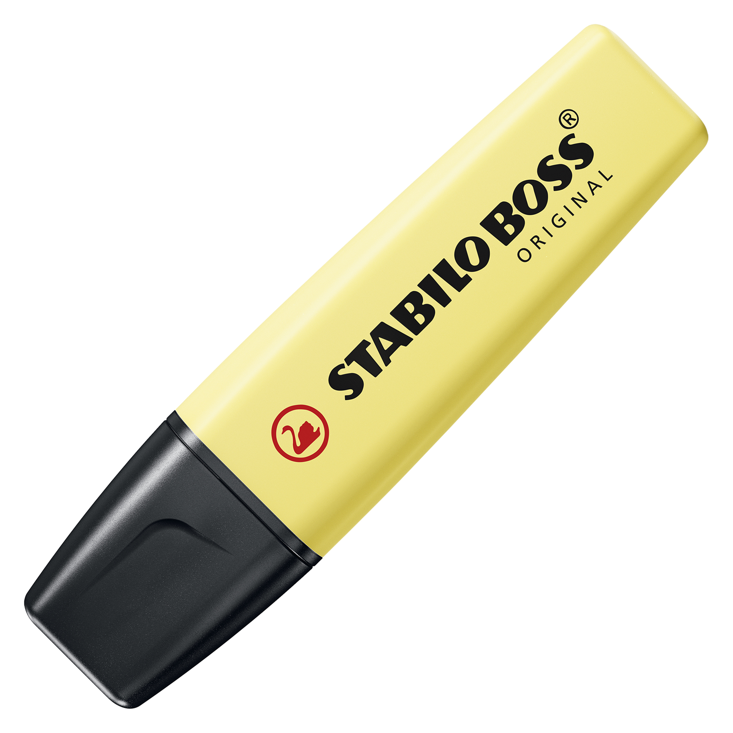 Ein gelber Stabilo Boss Textmarker mit schwarzer Spitze. Der Markenname ist sichtbar. Weißer Hintergrund.