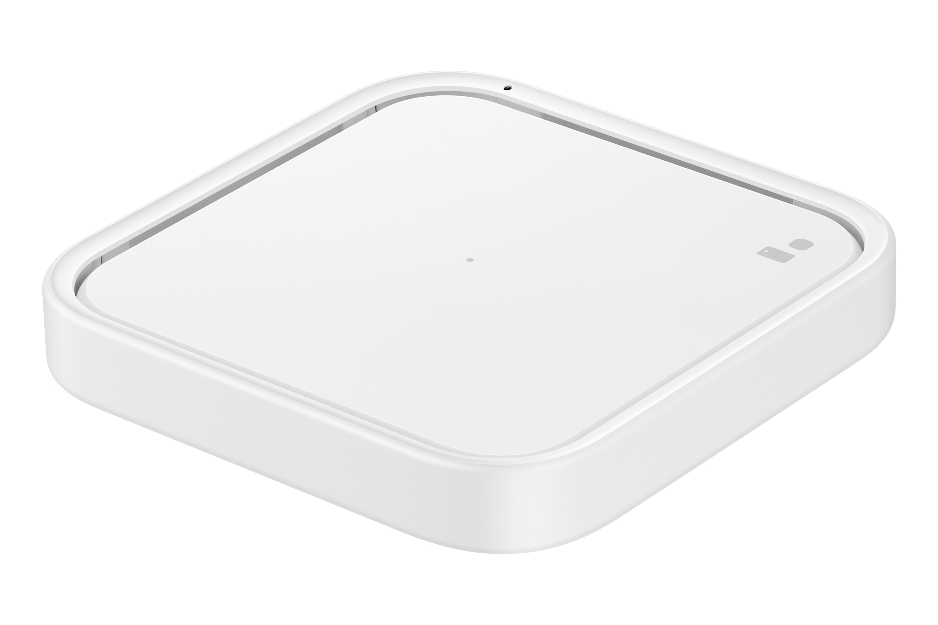 Un dispositivo quadrato bianco con angoli arrotondati. Ha un piccolo punto e due icone sulla superficie. Lo sfondo è bianco.