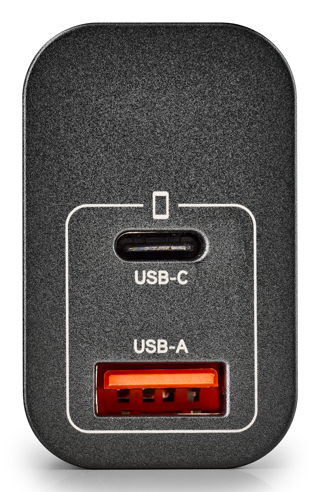 Caricabatterie USB nero con porte USB-C e USB-A. La porta USB-A è arancione. Contorno bianco attorno alle porte.