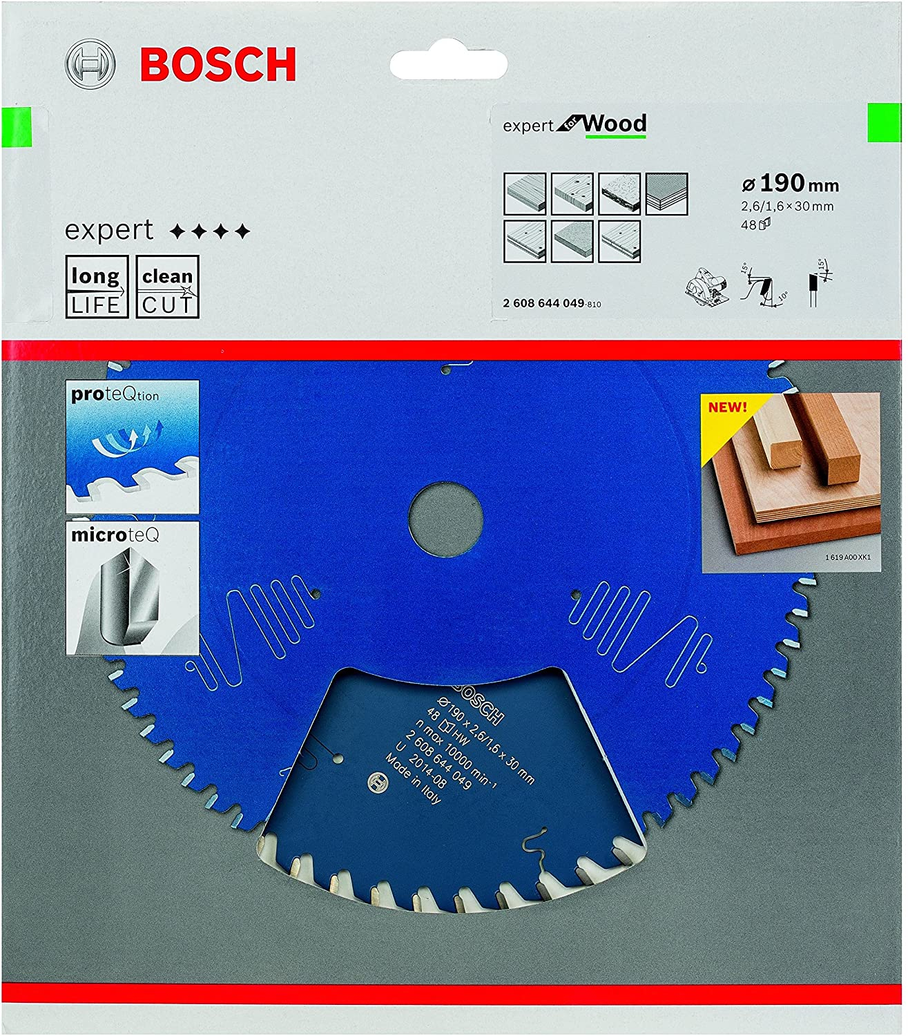 Blaue Bosch-Sägeblatt. Enthält Text und Diagramme. Enthält das Wort 'Wood' und 'NEW!' auf der Verpackung.