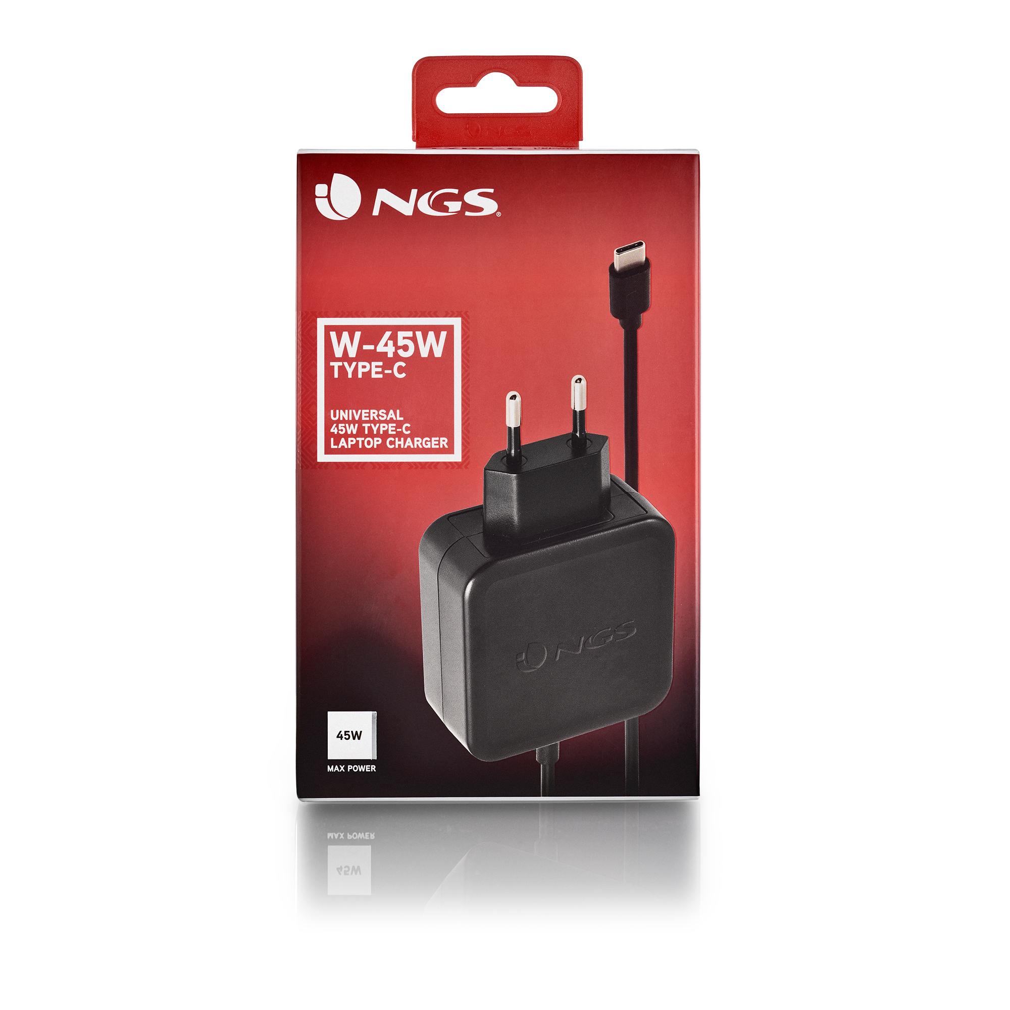 Ein Laptop-Ladegerät-Karton mit der Aufschrift 'NGS W-45W Type-C'. Das Ladegerät ist schwarz, mit einem USB-C-Kabel.