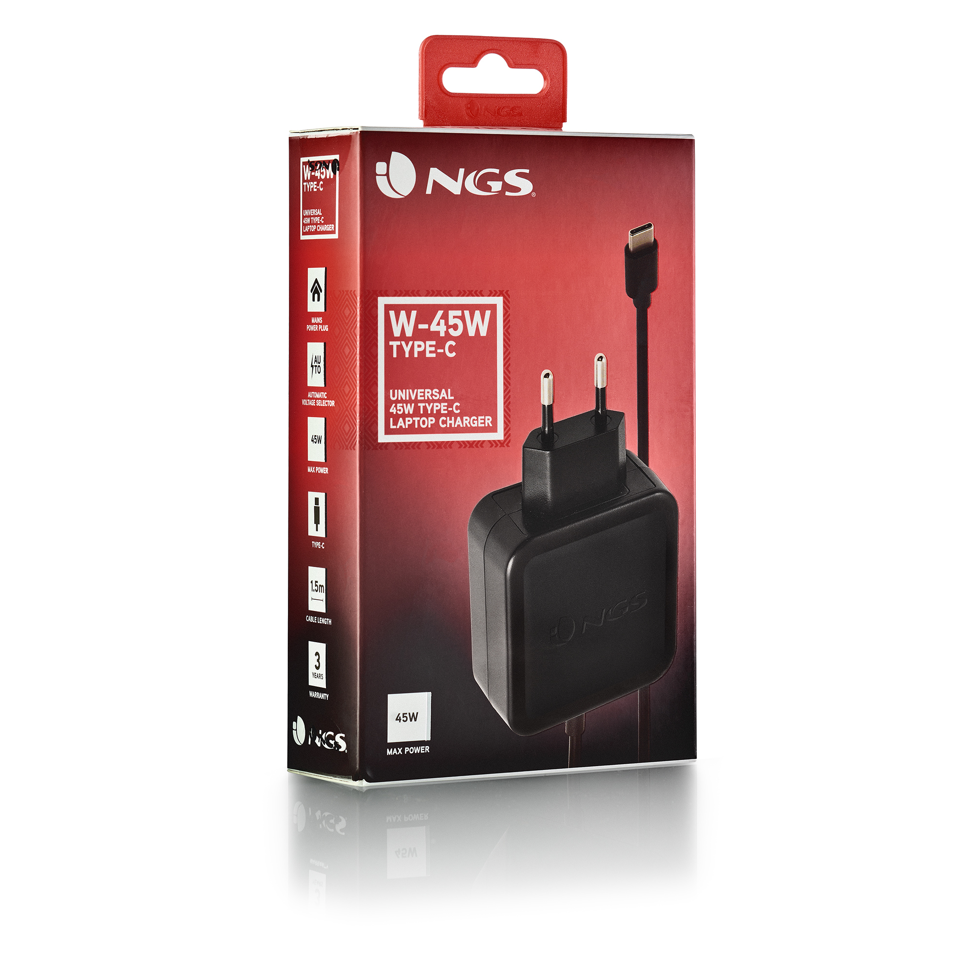 Ein schwarzes NGS W-45W Typ-C Laptop-Ladegerät wird auf einer weißen Oberfläche angezeigt. Die Box hat Text und Grafiken.