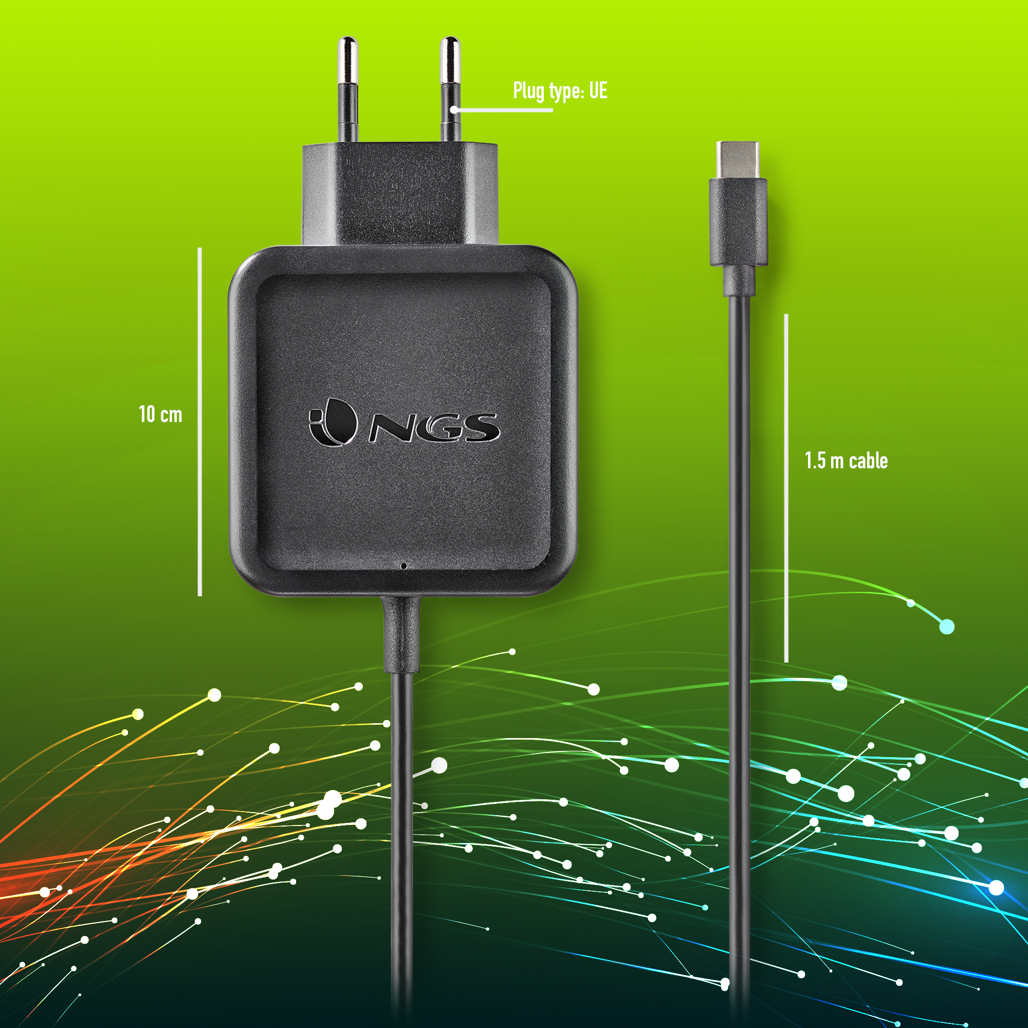 Ein schwarzes Ladegerät mit 1,5 m Kabel und einem UE-Stecker. NGS-Logo sichtbar. Hintergrund ist grün mit Linien.