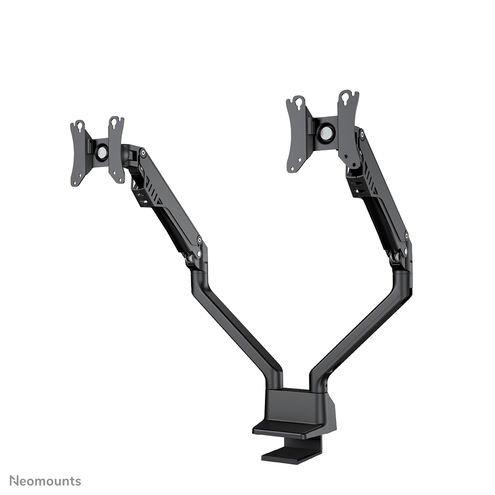 A black dual monitor arm with two brackets, articulated arms, and a desk clamp, against a white background.