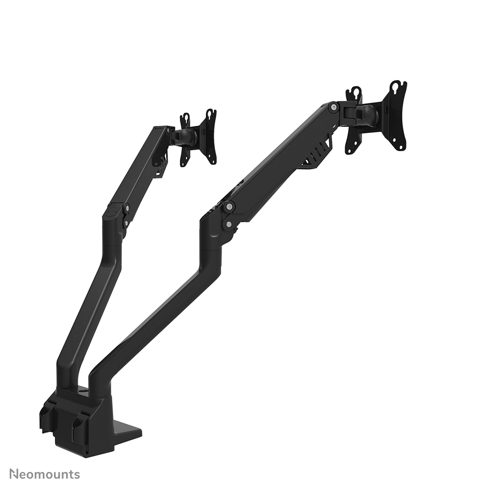 Two black monitor arms with adjustable joints and mounting plates, placed against a white background.
