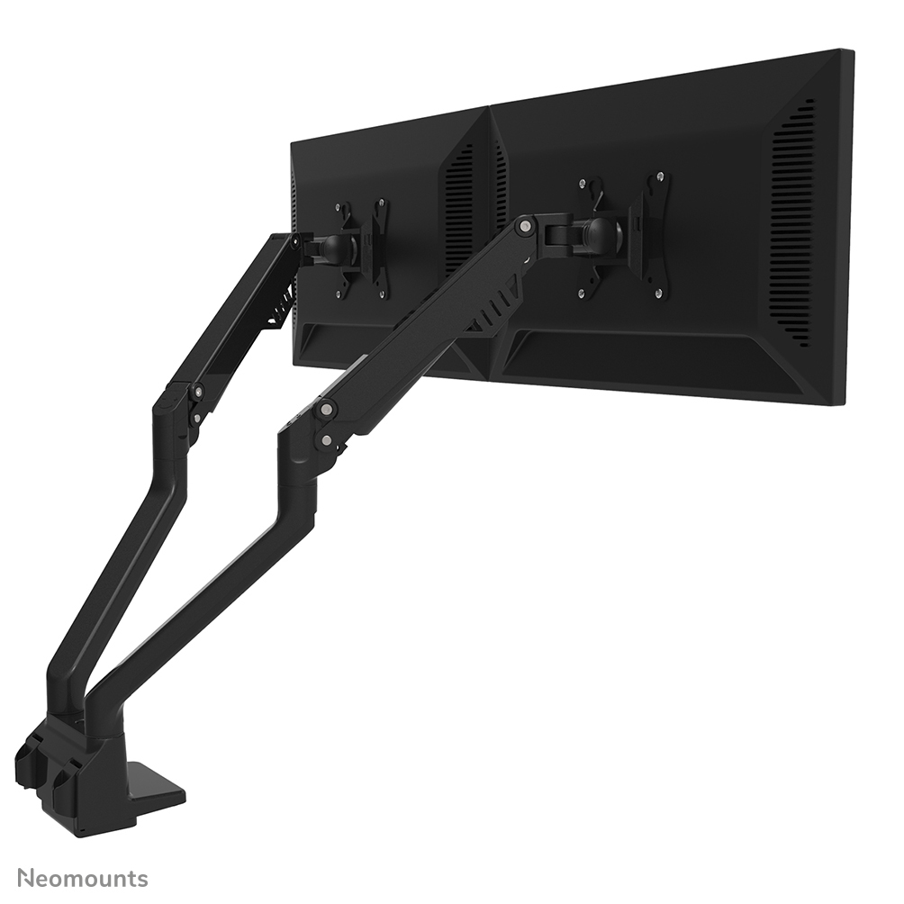Two black computer monitors mounted on a black articulating arm stand. White background.