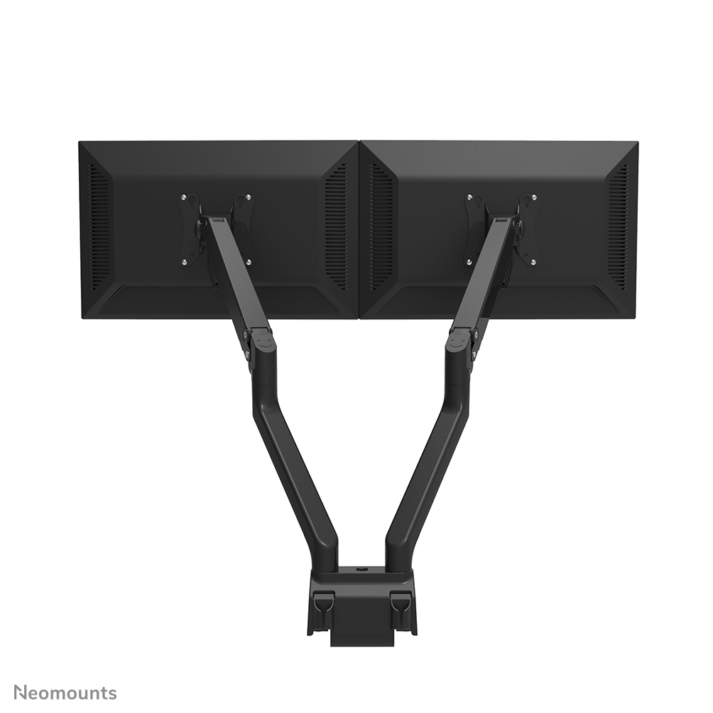 Two black computer monitors attached to a mounting arm, seen from behind. The stand is black, and the background is white.