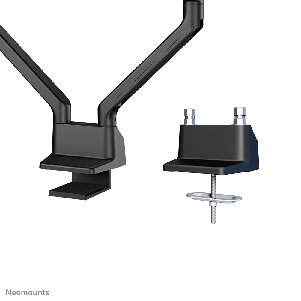 Black monitor arm parts on a white background. One part is a clamp, the other a base with screws and a bolt.