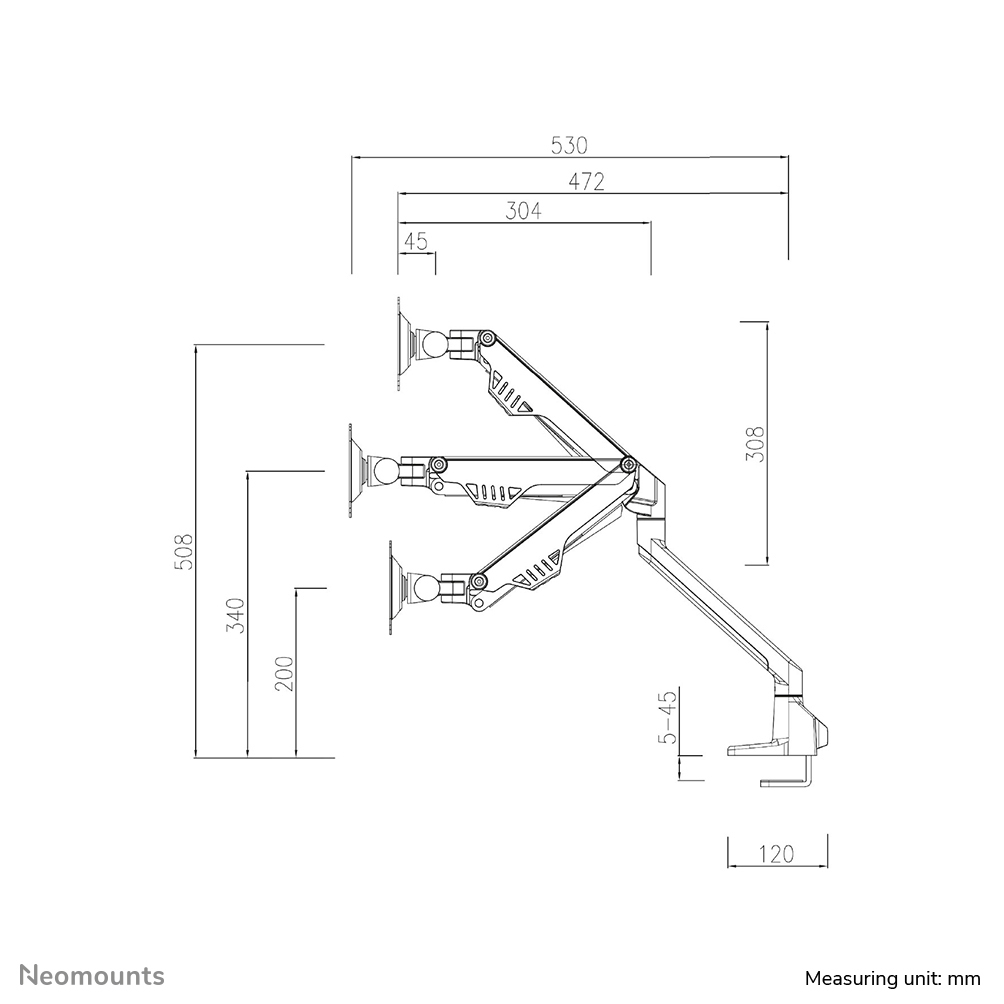 Technical drawing of a monitor arm with measurements in millimeters. The arm has three monitor mounts and a clamp.