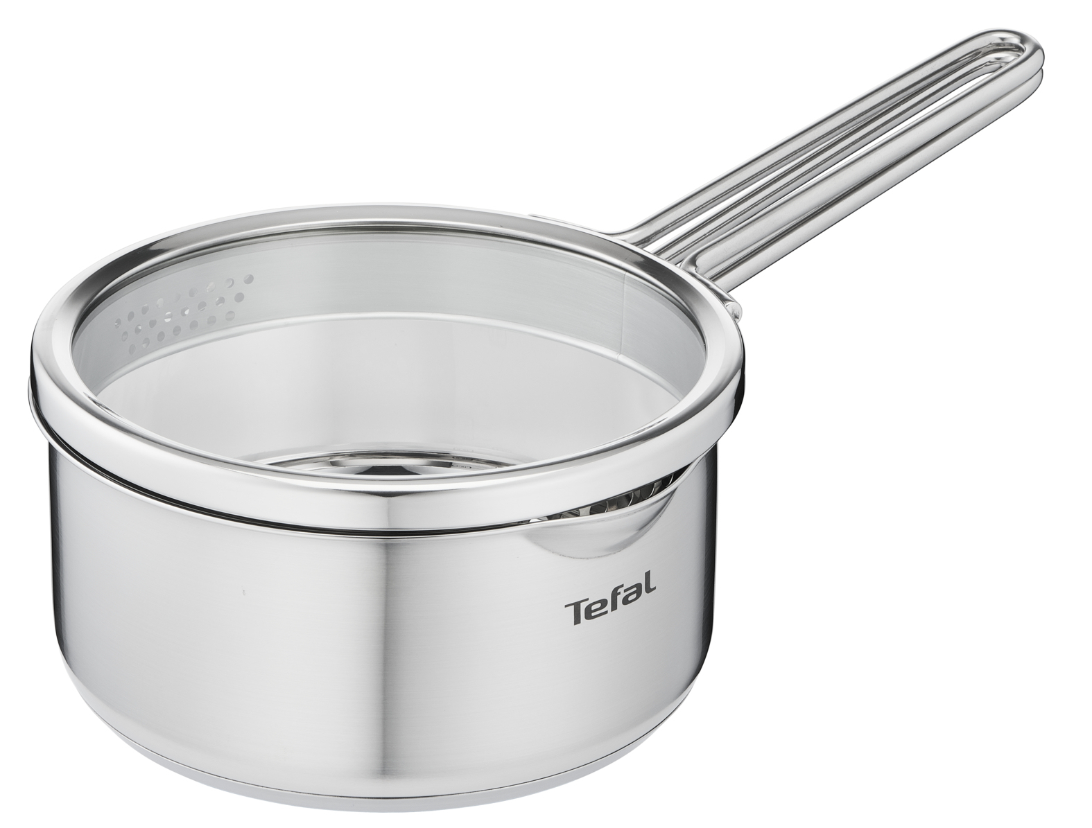 Une casserole Tefal en acier inoxydable avec couvercle en verre et poignée, sur fond blanc.