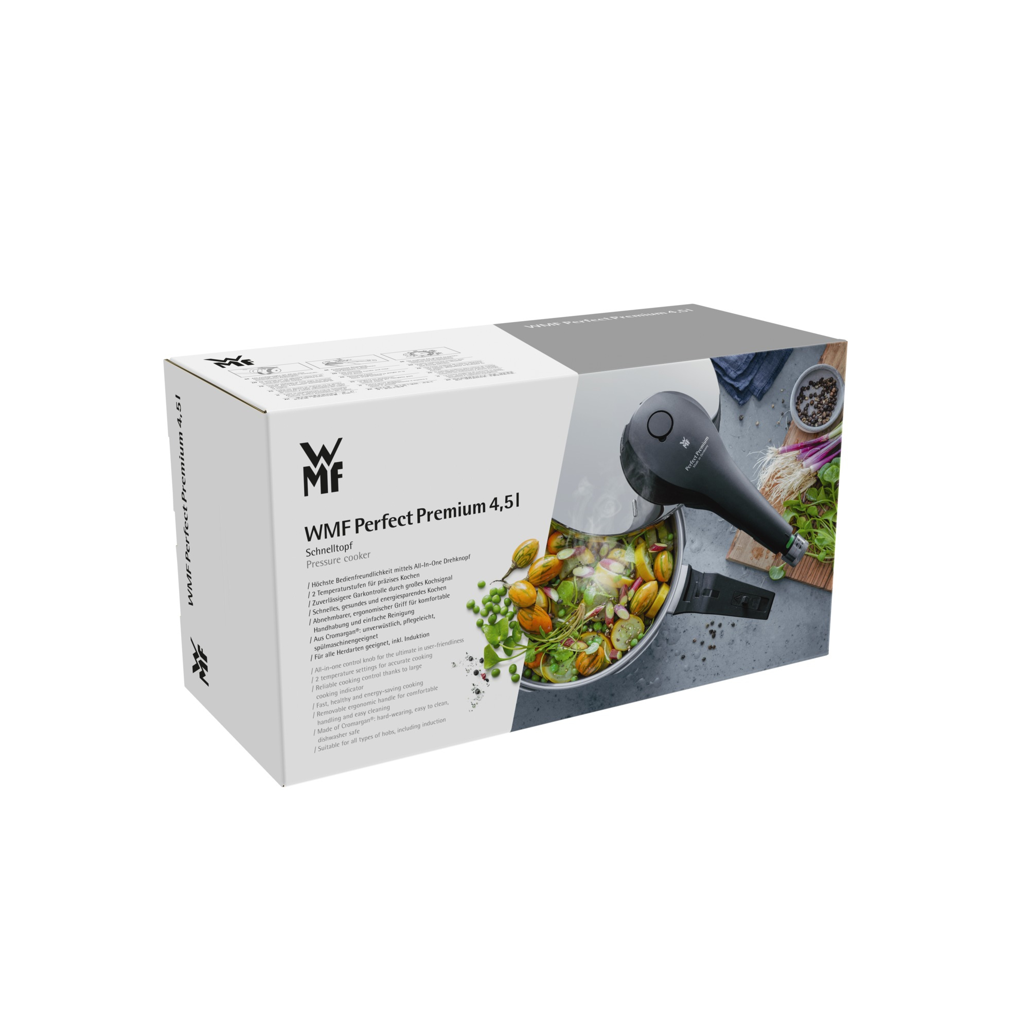 Kutulu WMF Perfect Premium düdüklü tencere. Pişmiş sebzelerin görüntüsü. Almanca ve İngilizce metin.