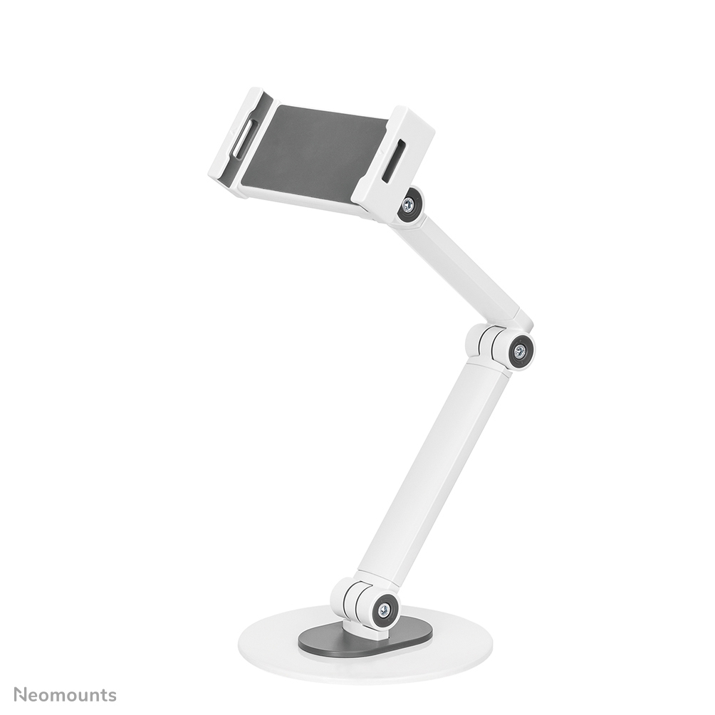 Un support de tablette blanc avec des bras réglables et une base circulaire. Le support de tablette est gris. Le support est sur fond blanc.