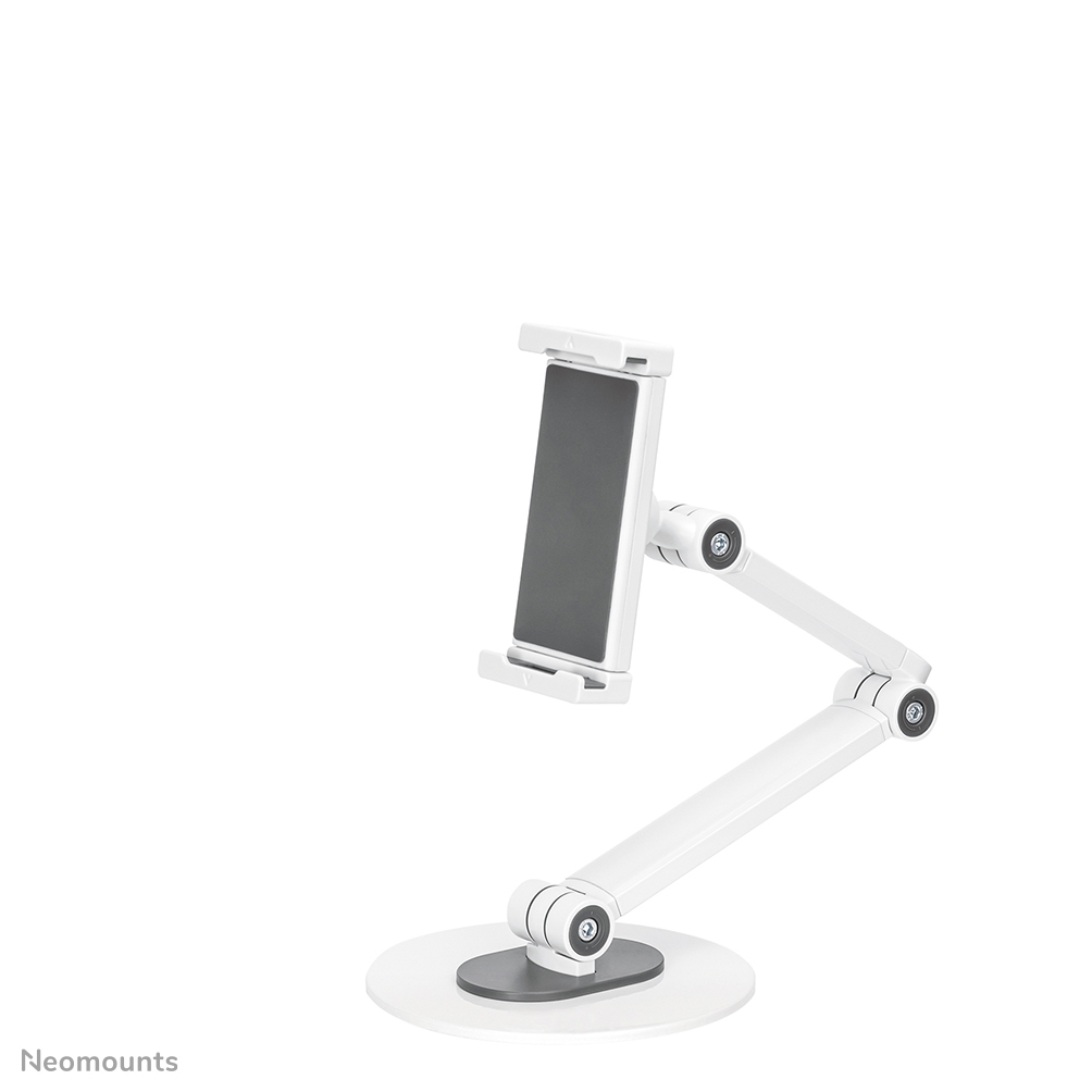 Un support de tablette blanc avec des bras réglables. Le support de tablette est gris. La base est circulaire.