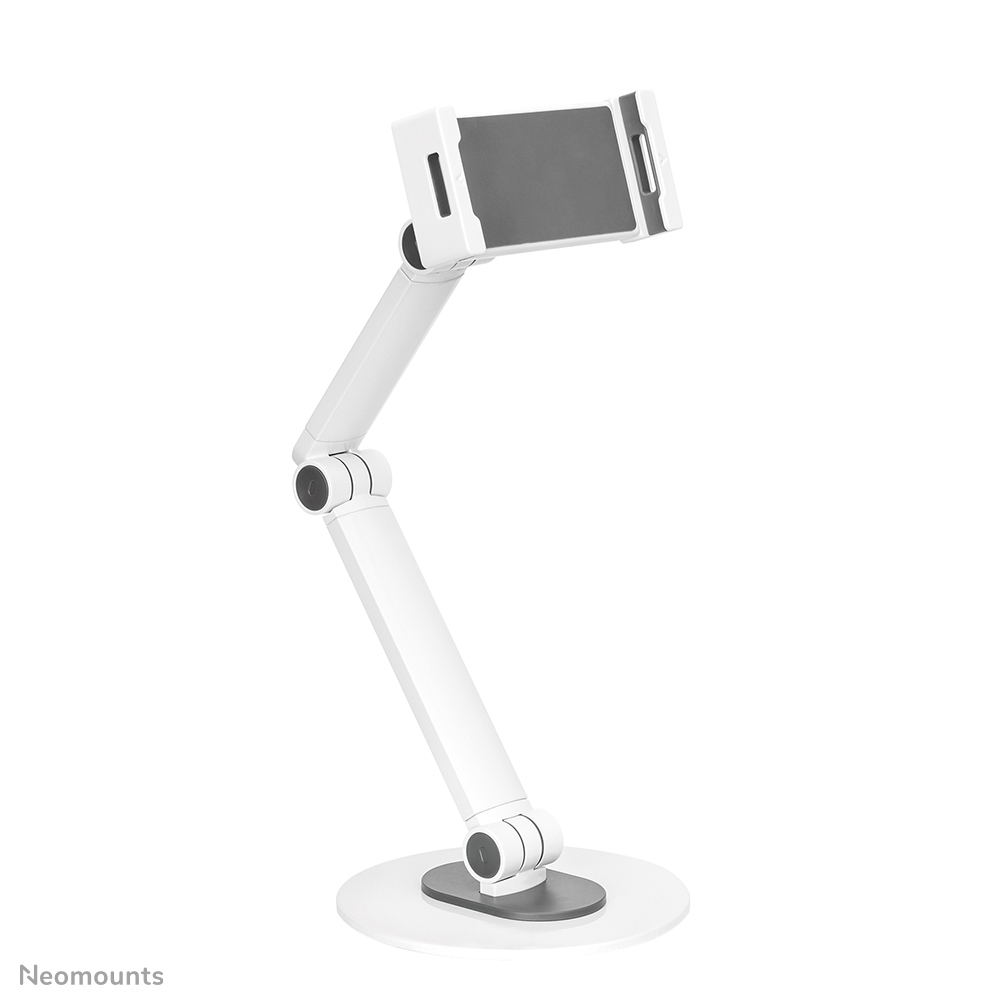 Un support de tablette blanc avec un bras réglable et une base circulaire. Le support de tablette est gris. Le fond est blanc.