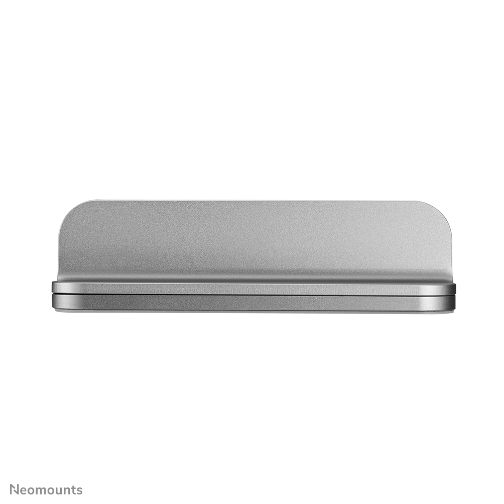 A silver, rectangular stand with rounded edges. It has a flat base and a slightly curved back. The background is white.