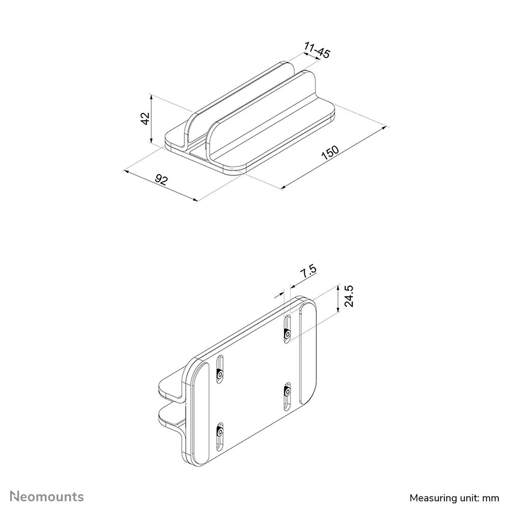Technical drawing of a device, with dimensions in mm. Top view shows a cradle, bottom view shows the device's base with screw holes.