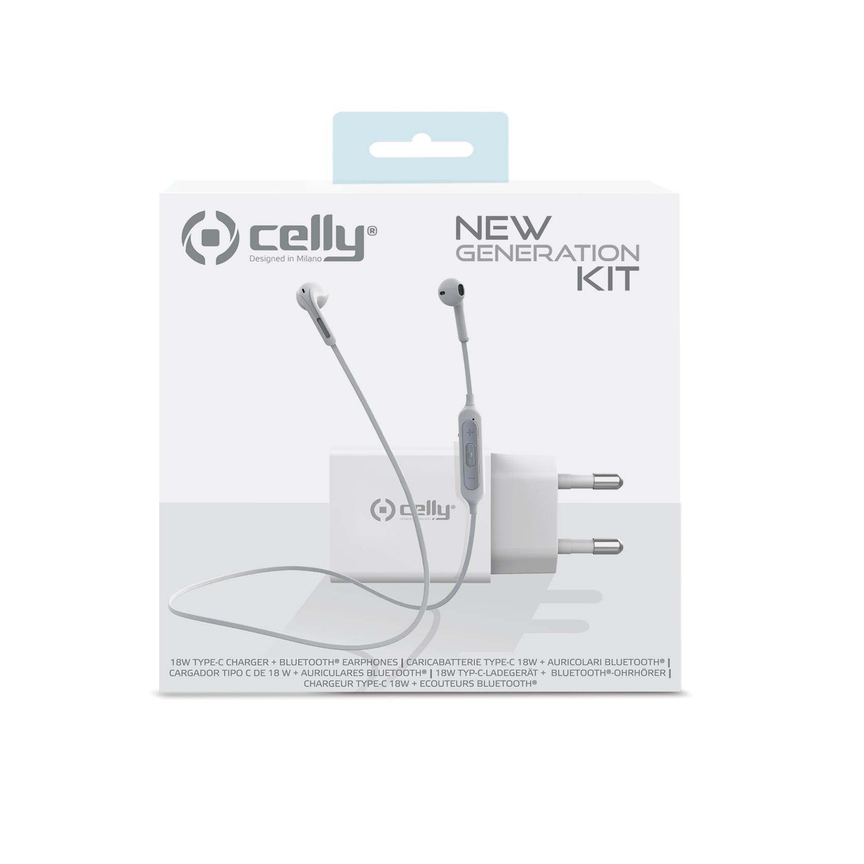 Una caja blanca con cargador, auriculares y texto. La marca es "celly".