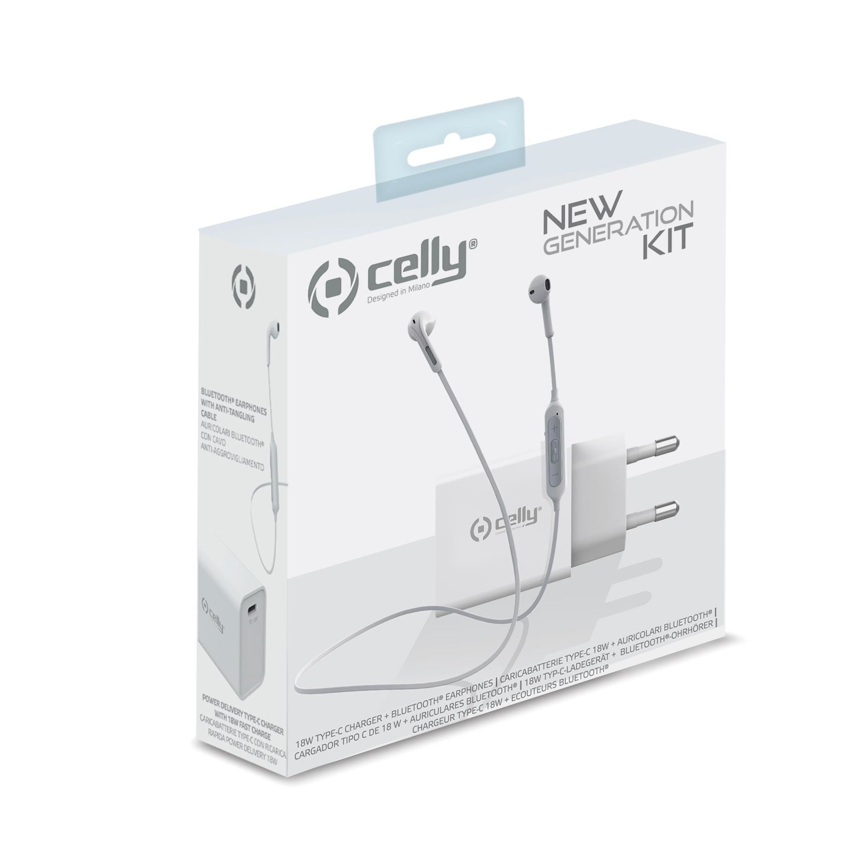 Una caja blanca con auriculares y cargador. La caja dice 'New Generation Kit' y tiene el logo 'celly'.