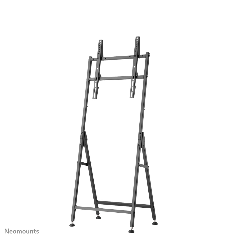 Ein schwarzer TV-Ständer auf weißem Hintergrund. Er hat ein staffeleiartiges Design mit verstellbaren Halterungen.